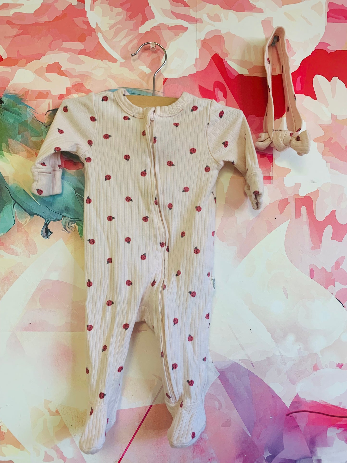 Rabbit & Bear long sleeve pink rubbed romper with small red ladybugs & matching headband. Size 0-3m / NB