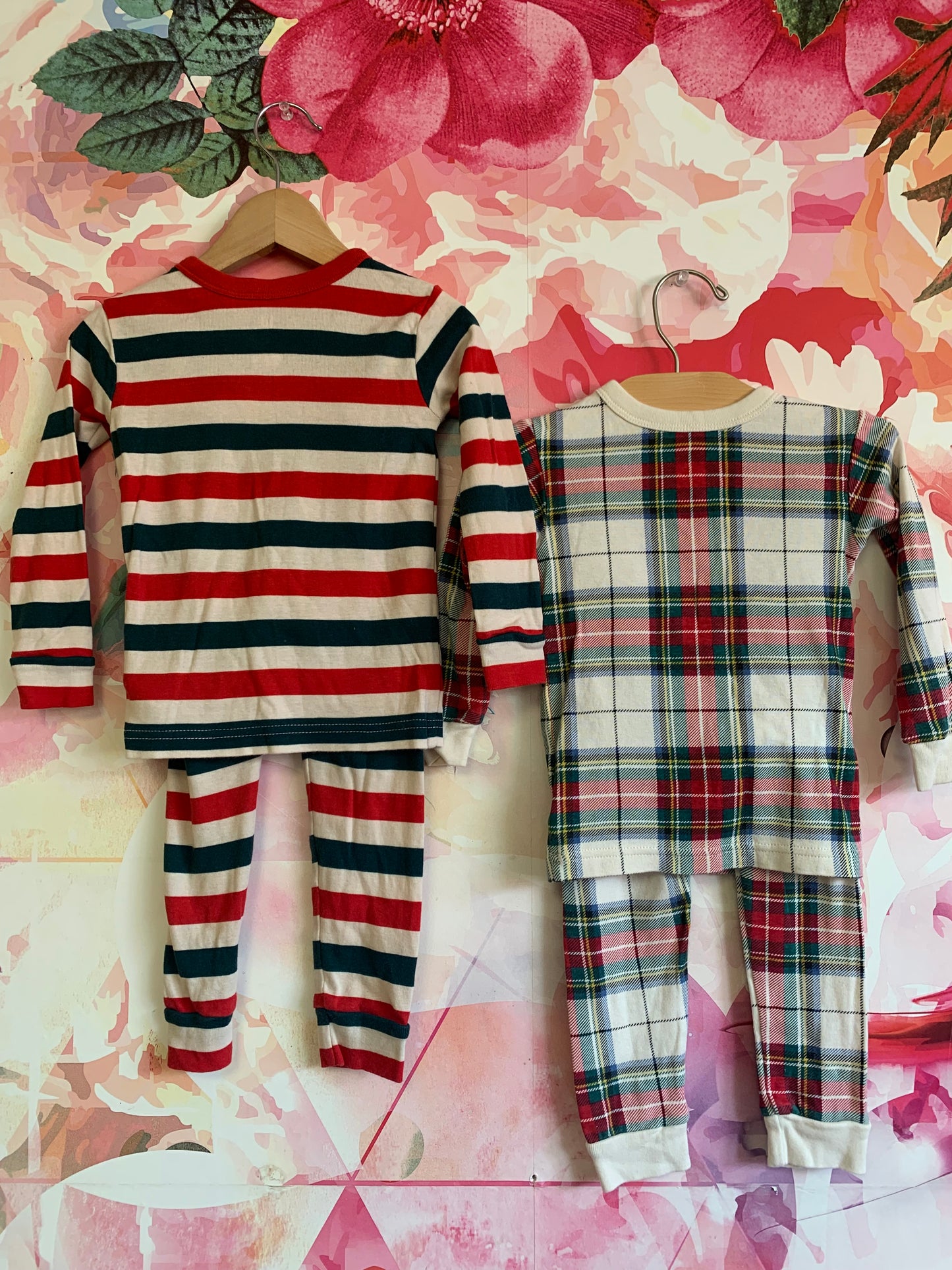 2 Baby Gap red, green, white long sleeve holiday pajama sets. One stripe and one plaid. Size 2T