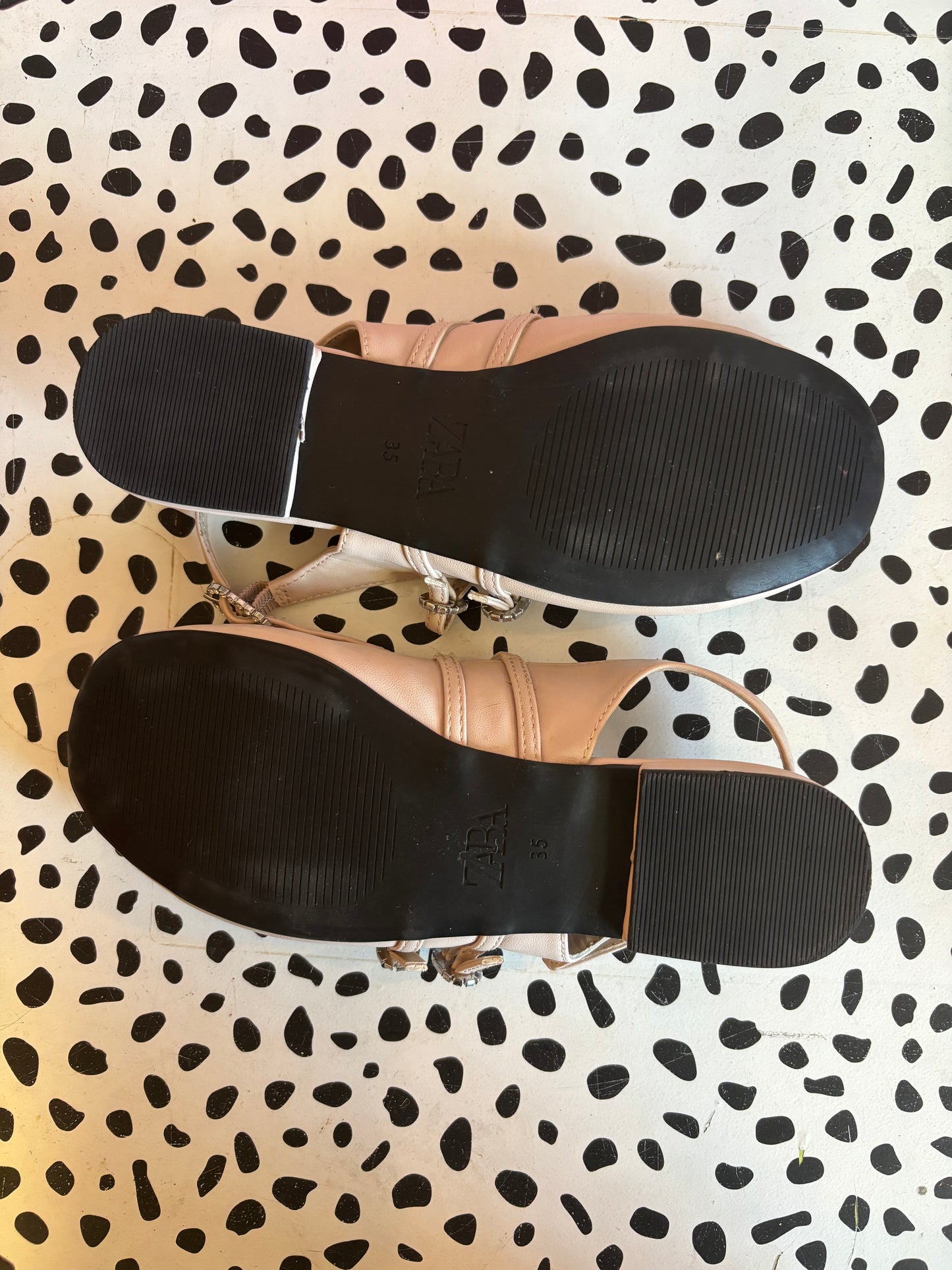 Zara Pale Pink Dress Flats. Heel Strap & Two Straps Across Foot. Rhinestone Buckles. Size 3B.