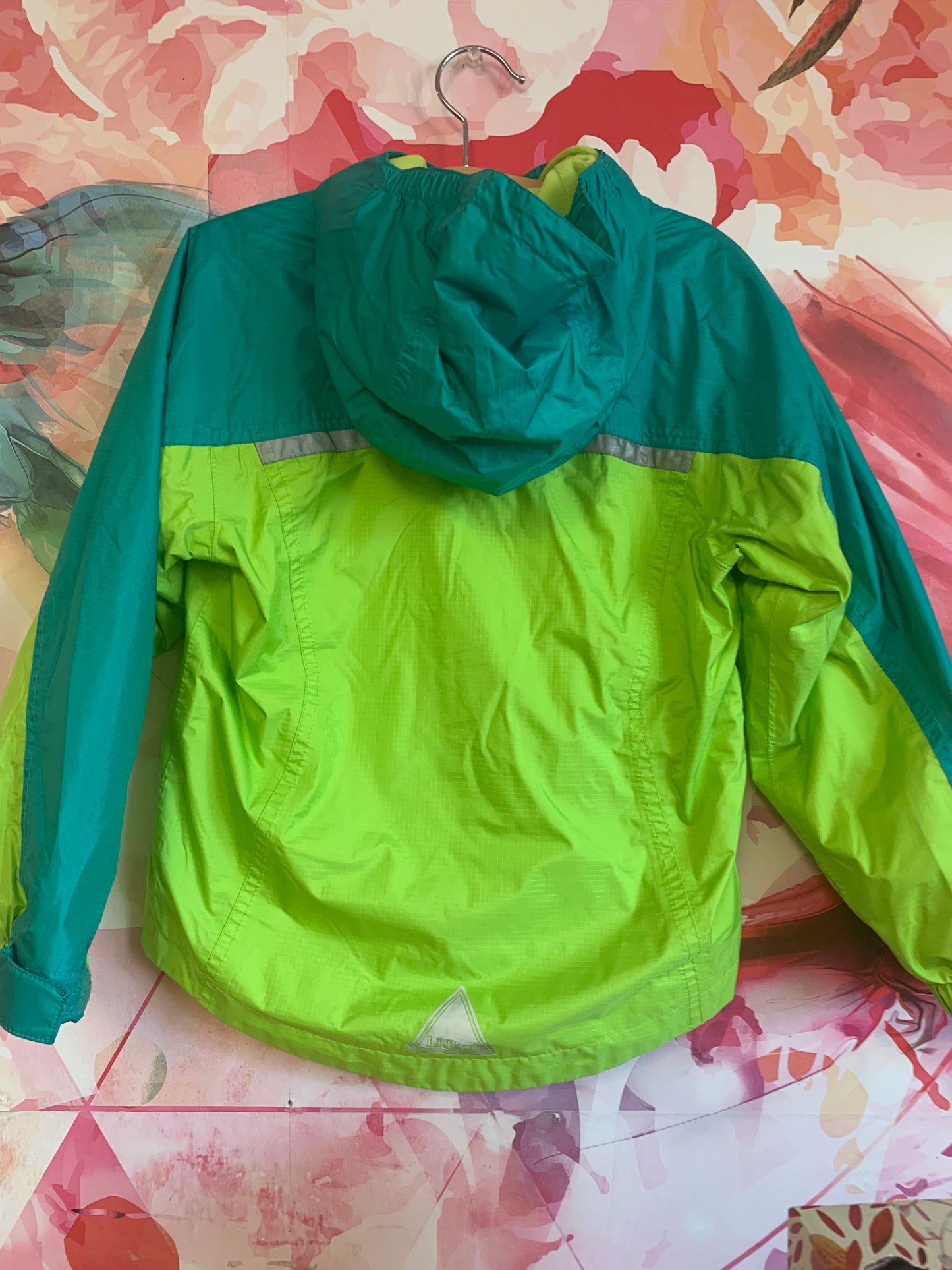 L.L. Bean teal & green raincoat with hood. Fleece lined. Size 4T