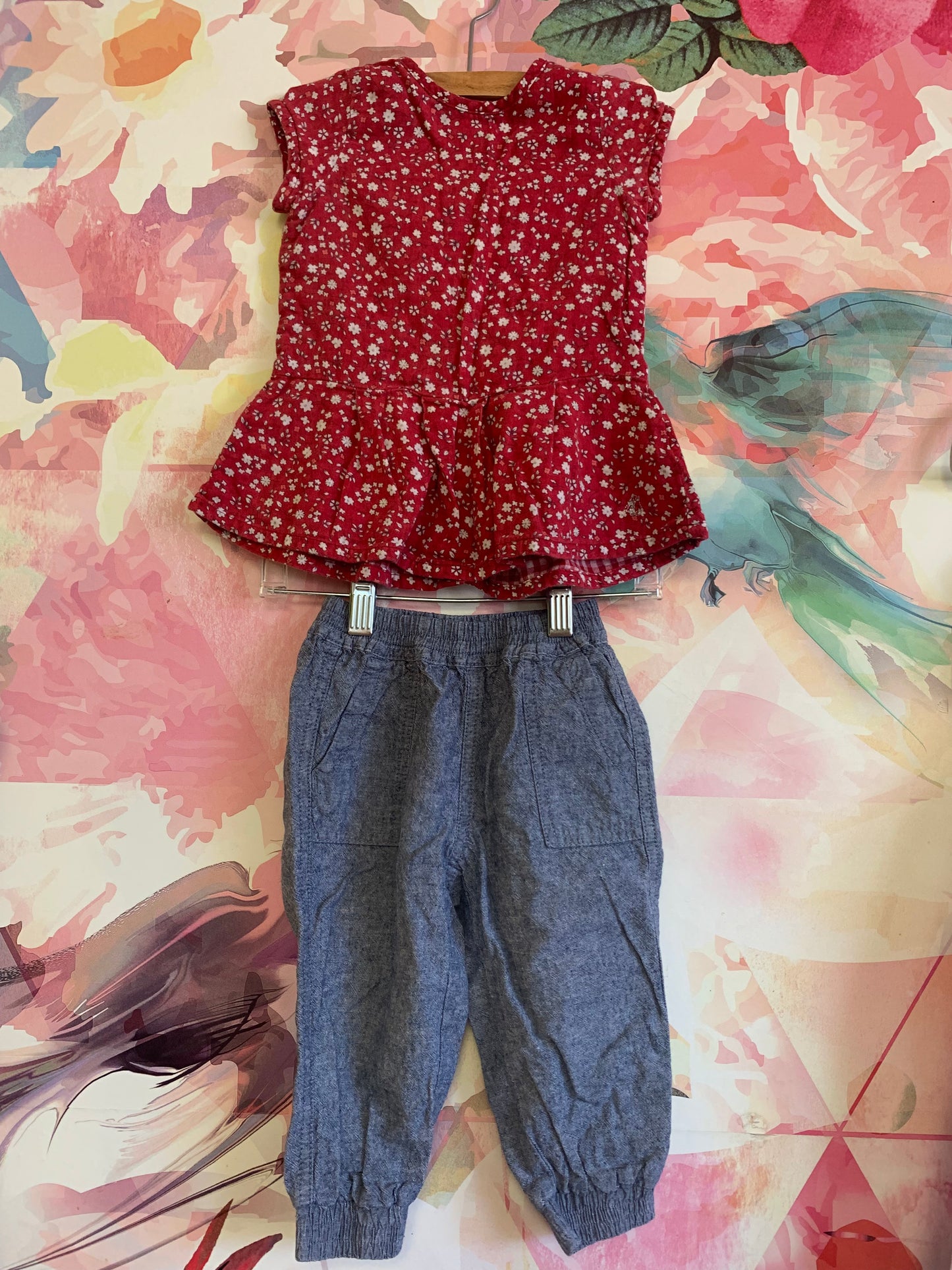 Petit Bateau red short sleeve top white flowers & blue Tea Collection pants. Size 12-18m
