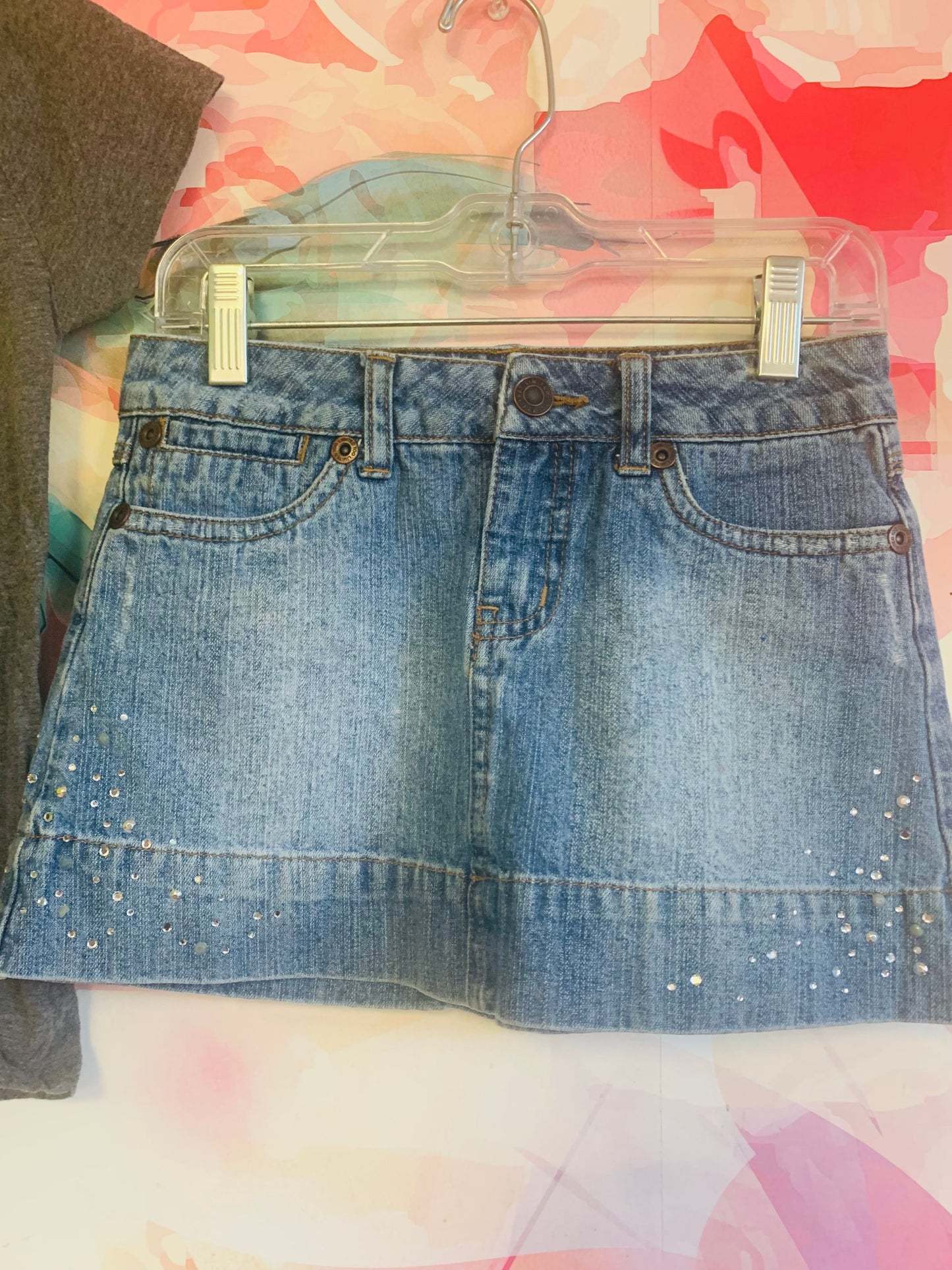 Gap grey t shirt with sequin owl face size 8 and Limited too denim skirt with rhinestone detail size 7