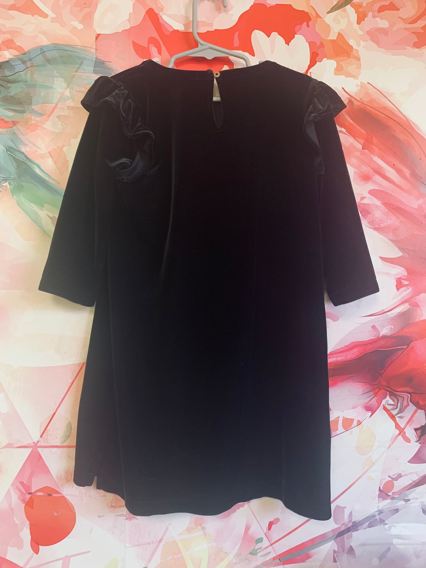 Crewcuts black velour dress with shoulder ruffles. Size 6T