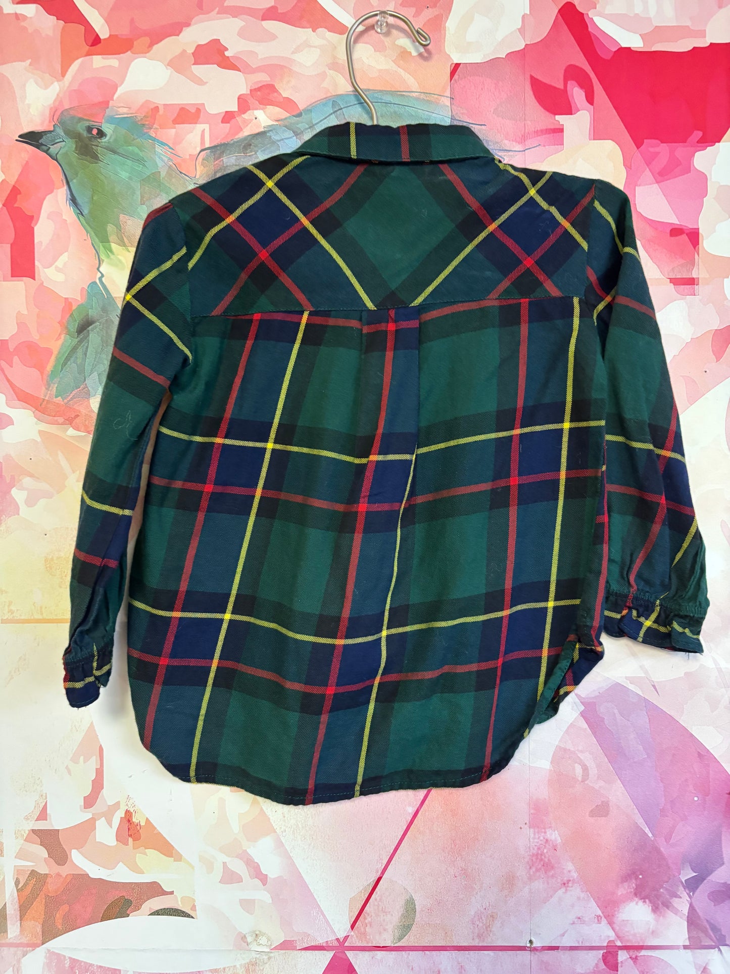 Mayoral green plaid button down blouse  with silver dots on collar. Ruffle & hidden buttons. Size 2T.