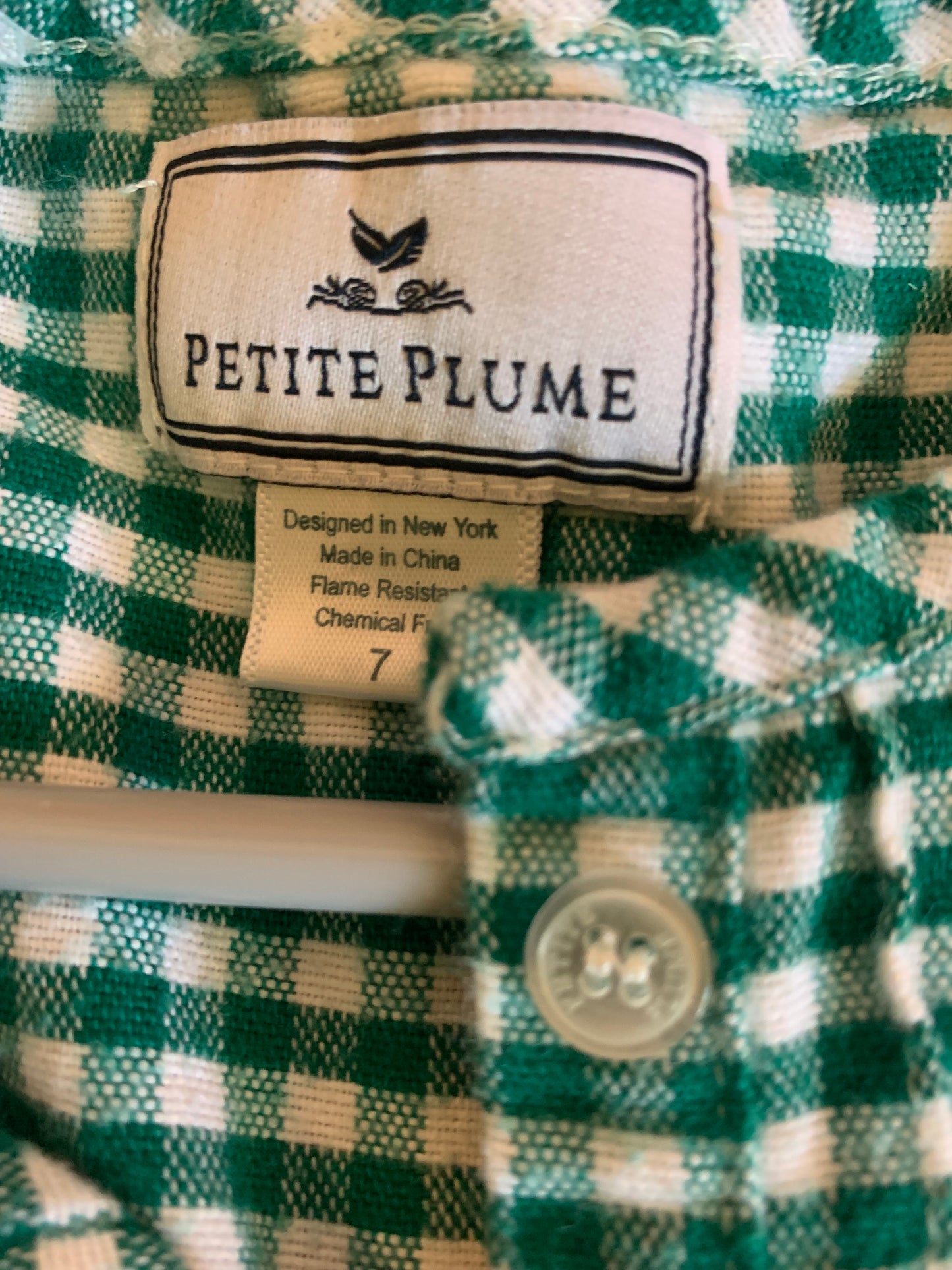 Petite Plume green/white checkered long sleeve nightgown. Size 7