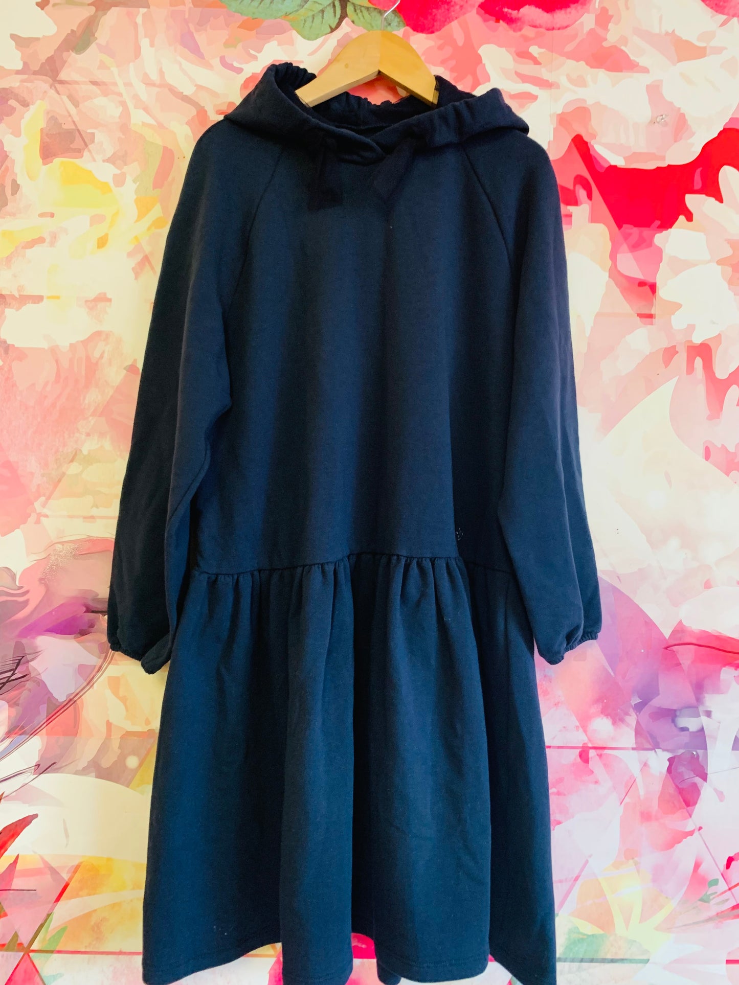Il Gufo navy blue 100% cotton fleece dress with hood. Size 10.