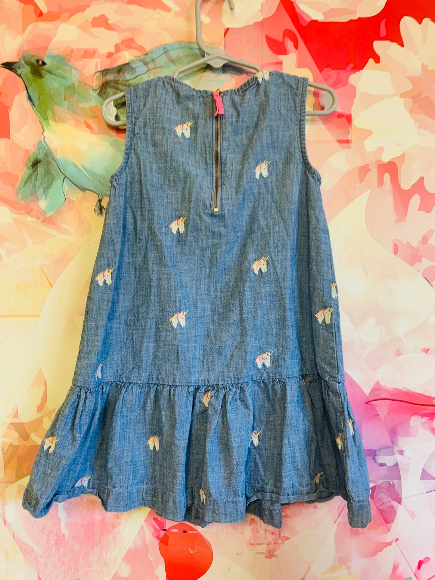 Crewcuts blue 100% cotton sleeveless dress. Tiny unicorns embroidered with back zipper. Size 5T