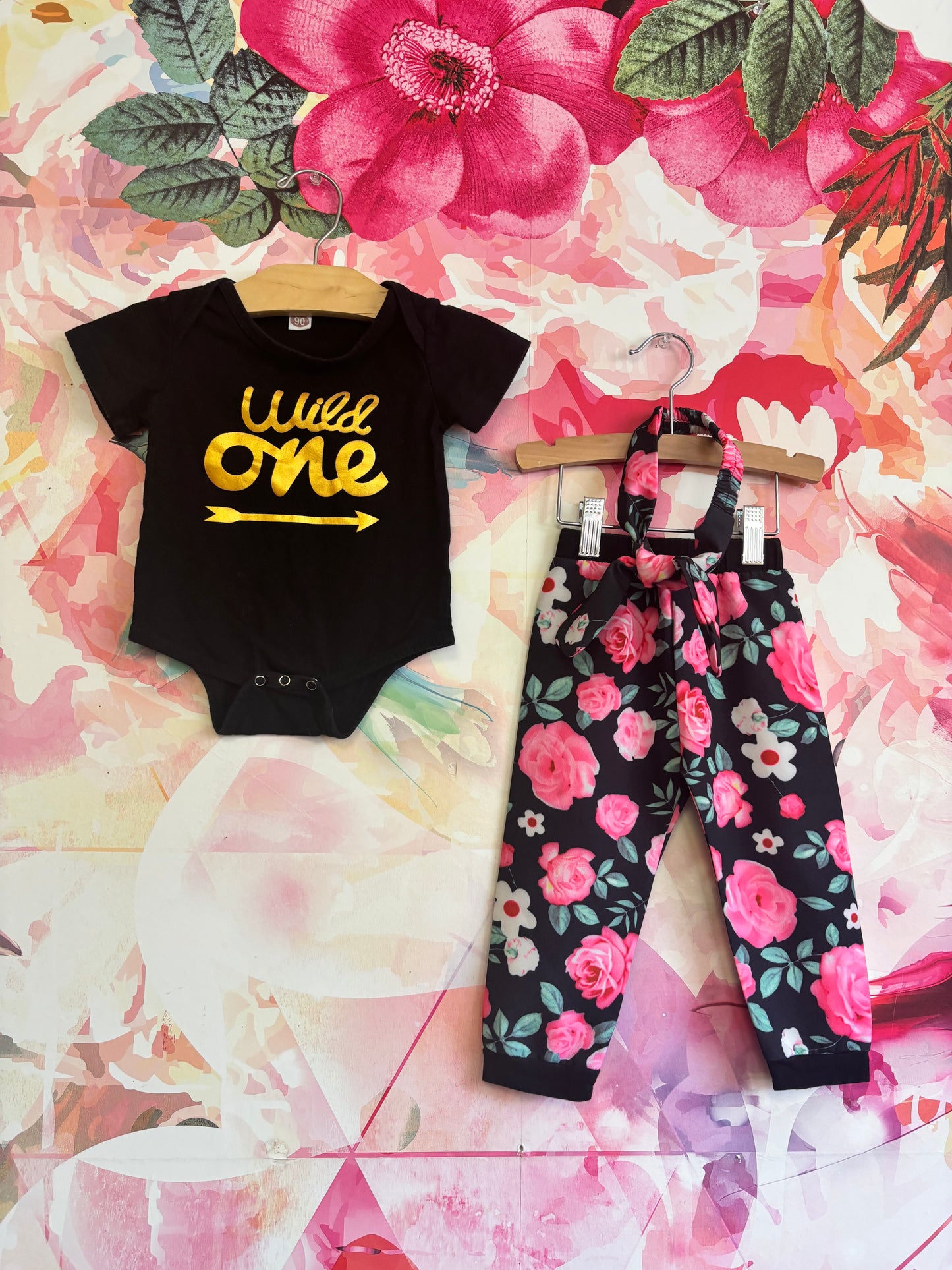 WILD ONE black & gold onesie and black, pink, green floral pants with matching headband. Size 2T.