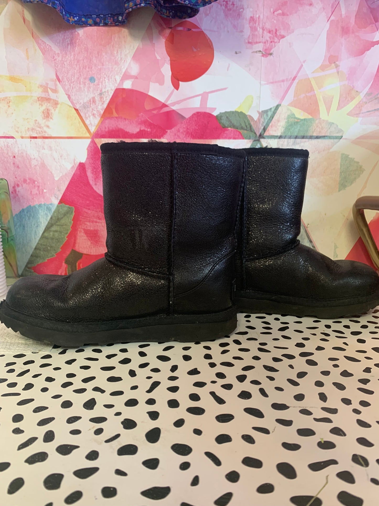 UGG Black Shimmery Fur Lined Boots. Slip On. Size 2B.