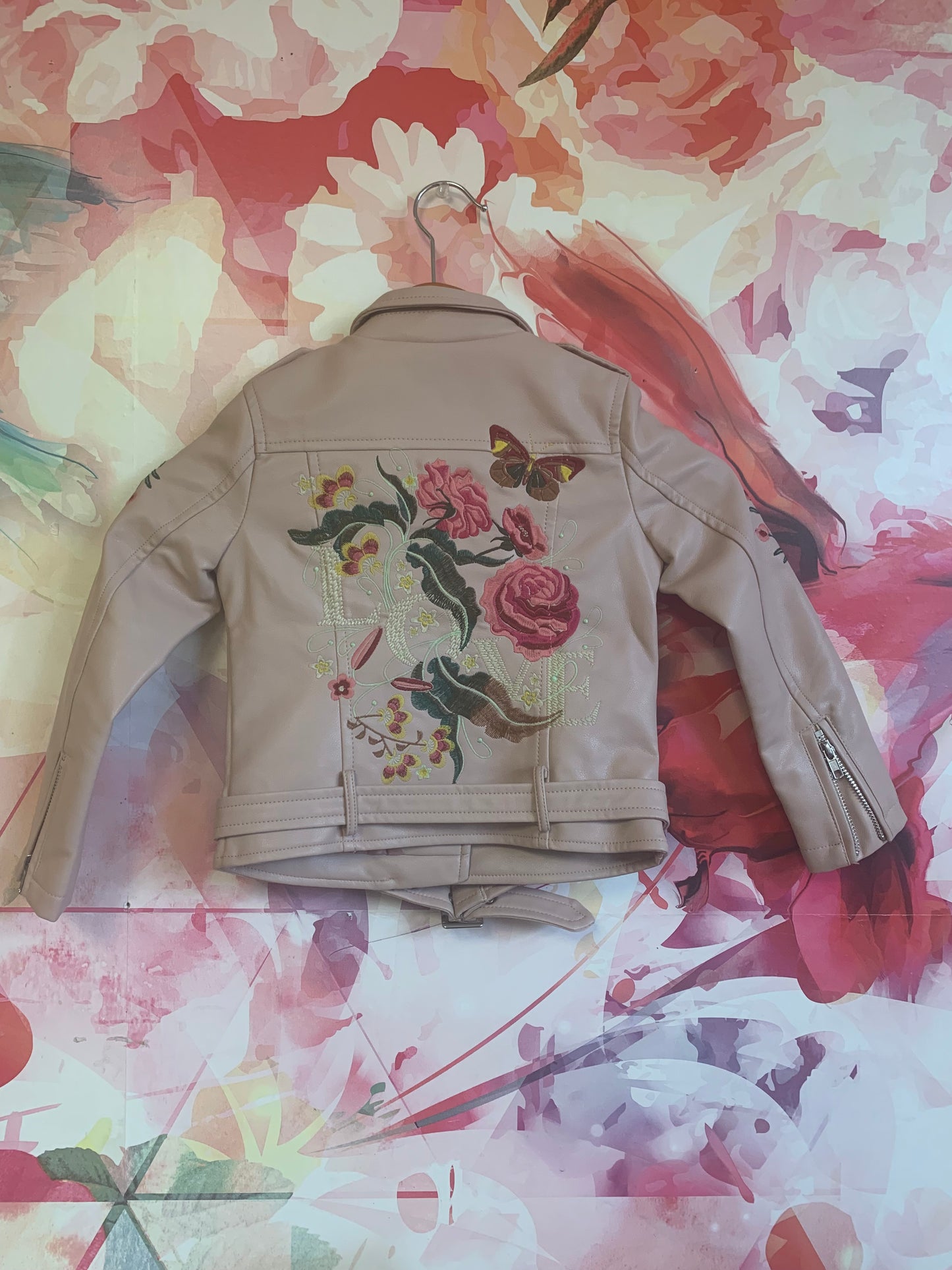 Hannah Banana by Sara Sara pink pleather biker jacket with embroidered flowers. Size 6T