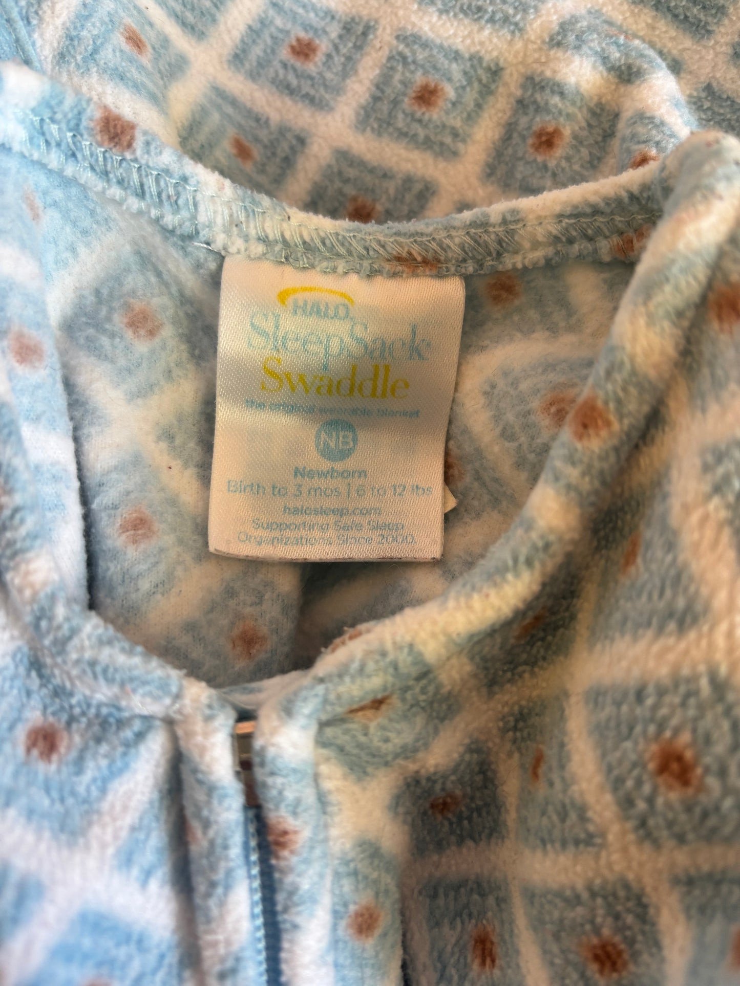 Halo blue, white, beige fleece sleep sack. Size 0-3m.