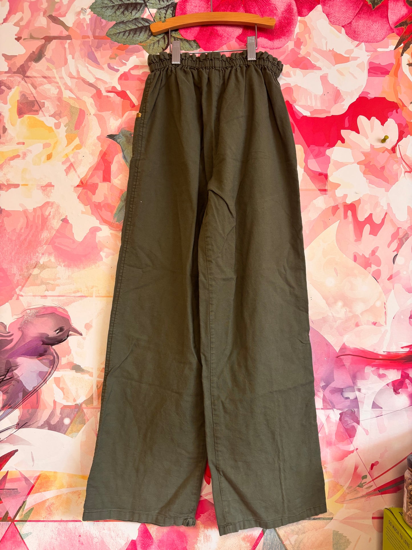 Pink Chicken army green button down and wide leg pants with gold sequins and elbow patches. Size 14
