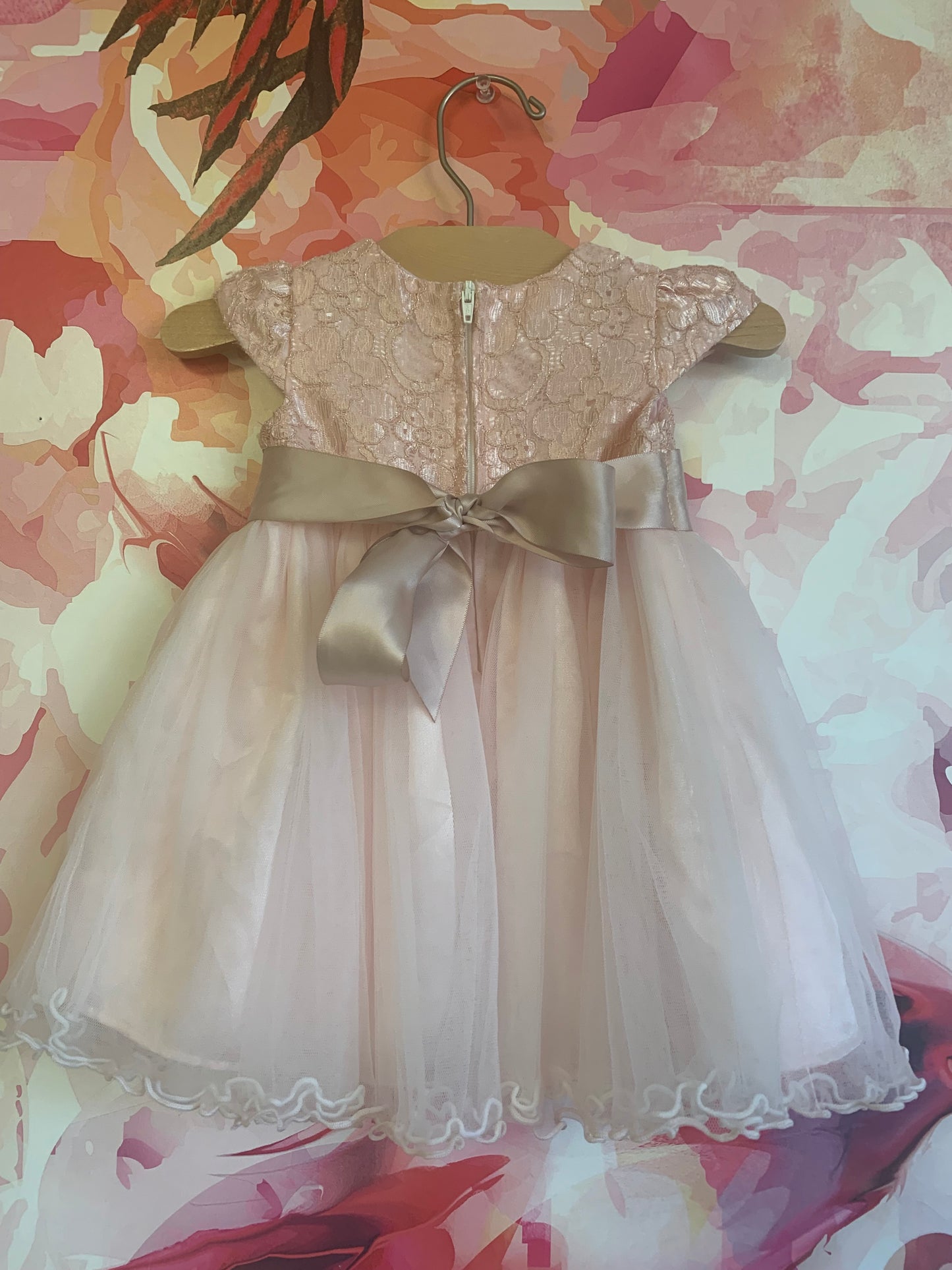 Bonnie Baby pink short sleeve tulle and lace dress with satin waist sash. Size 6-9m