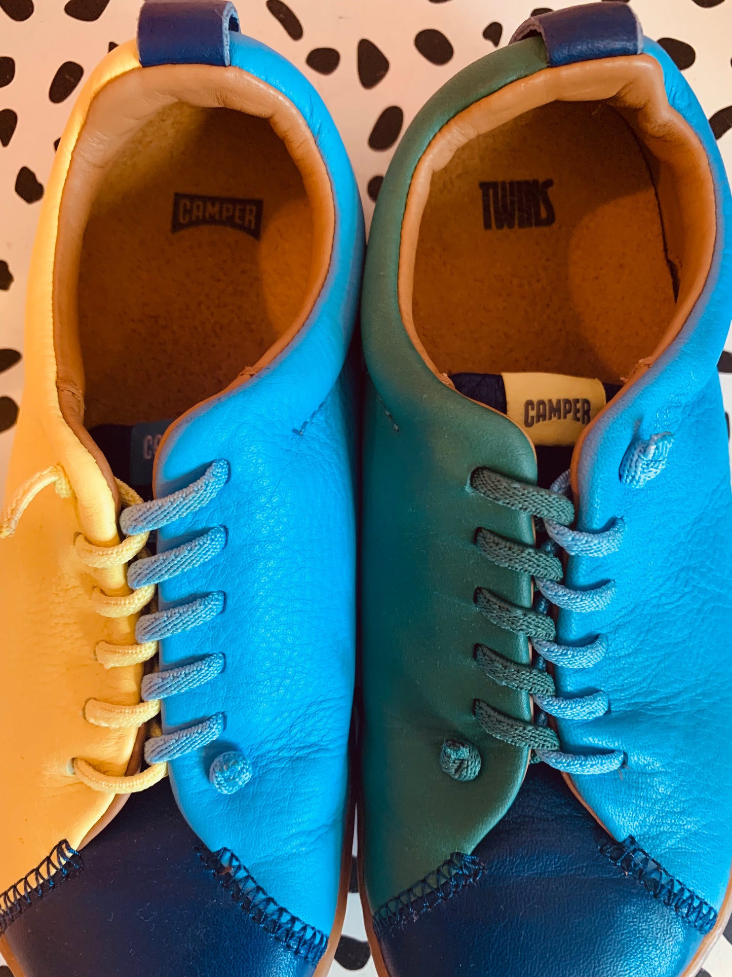 Camper Leather Shoes. Dark Blue, Light Blue, Yellow, Green. Size 1B.