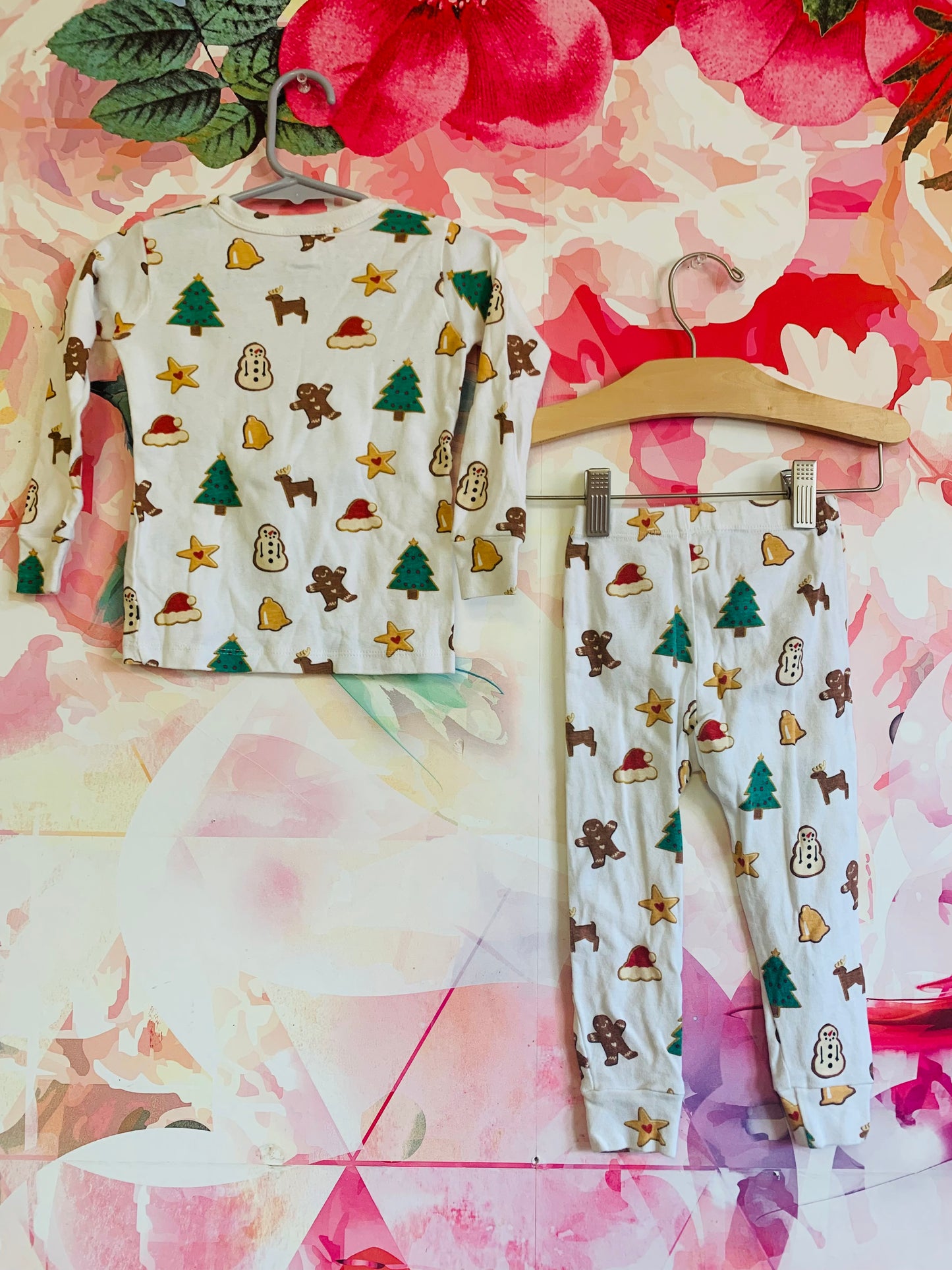 Monica & Andy long sleeve holiday pajama set. Cream, red, green, beige, gold Christmas trees, cookies. Size 2T.
