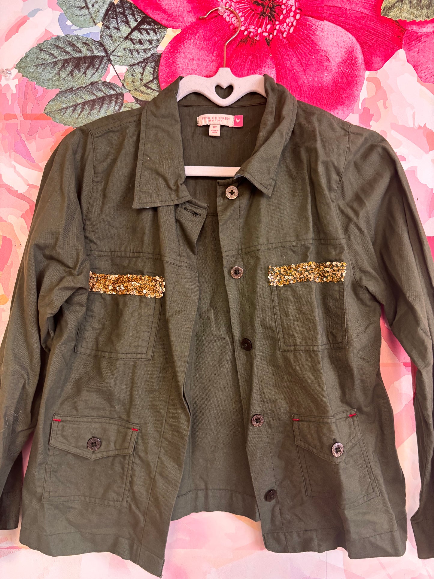 Pink Chicken army green button down and wide leg pants with gold sequins and elbow patches. Size 14