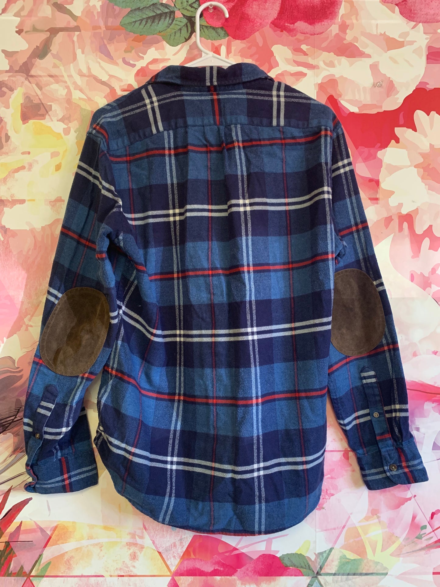 J. Crew blue red plaid long sleeve sleeve button down with brown elbow patches. Size Medium Slim fit.