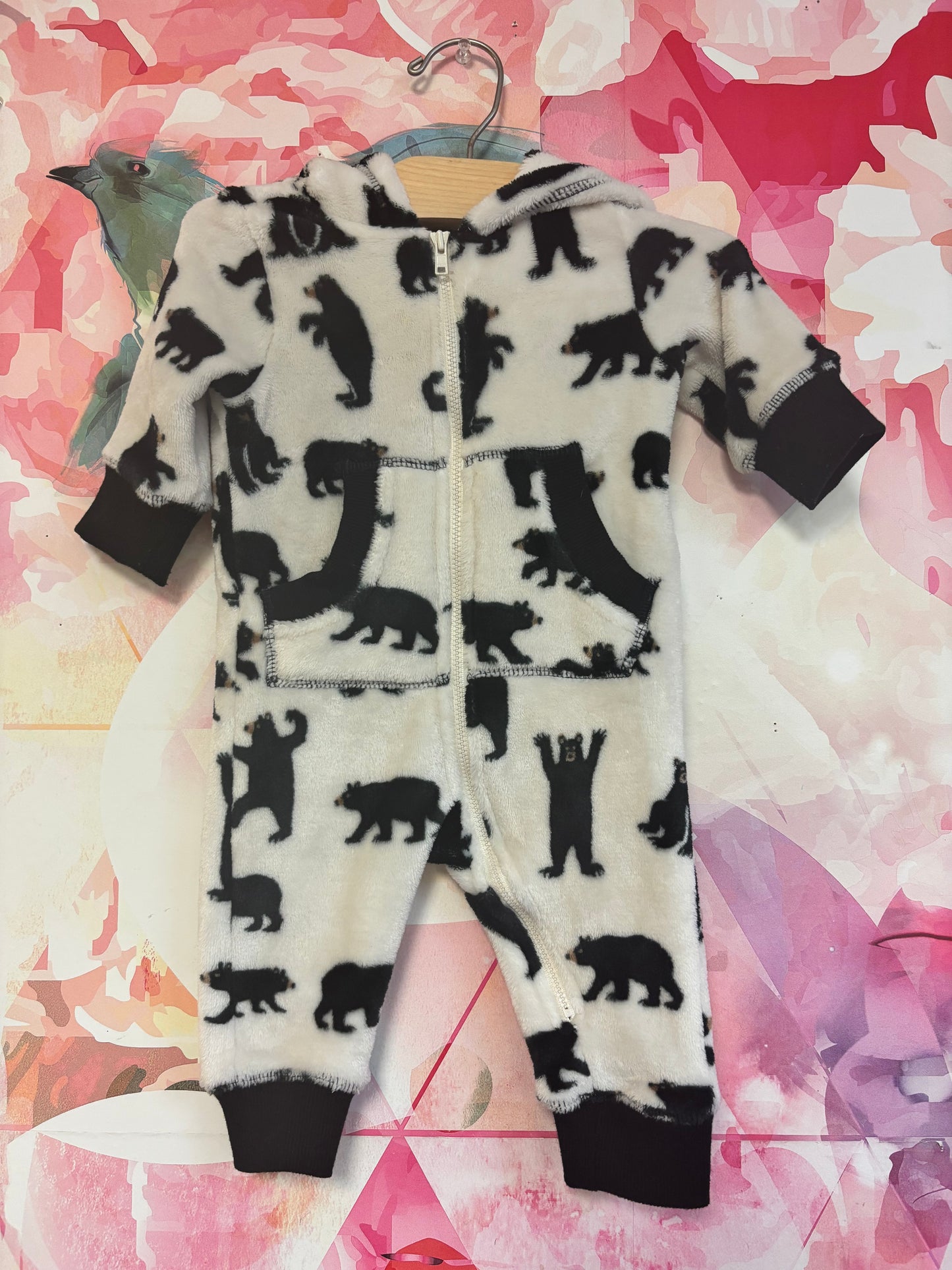Little Blue House black & cream fleece romper with black bears & hood. Size 3-6m