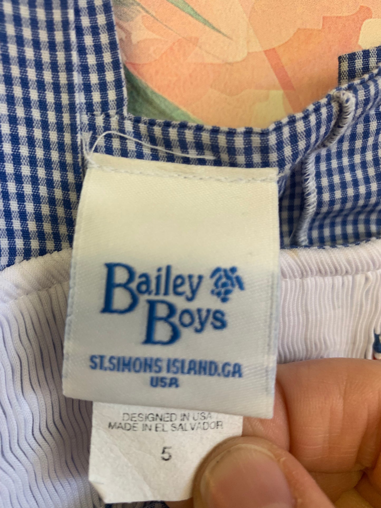 Bailey Boys blue & white checkered dress. American flag touching on neckline. Ruffle shoulders. Size 5T
