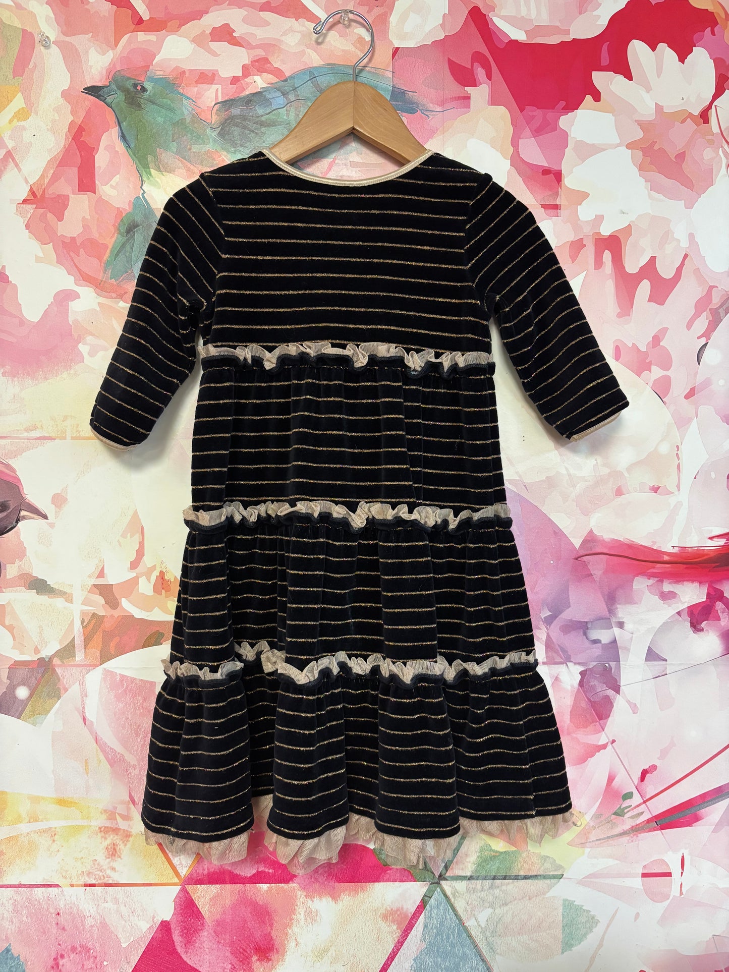 Hanna Andersson black velour dress with gold shimmery stripes & ruffles. Size 4T
