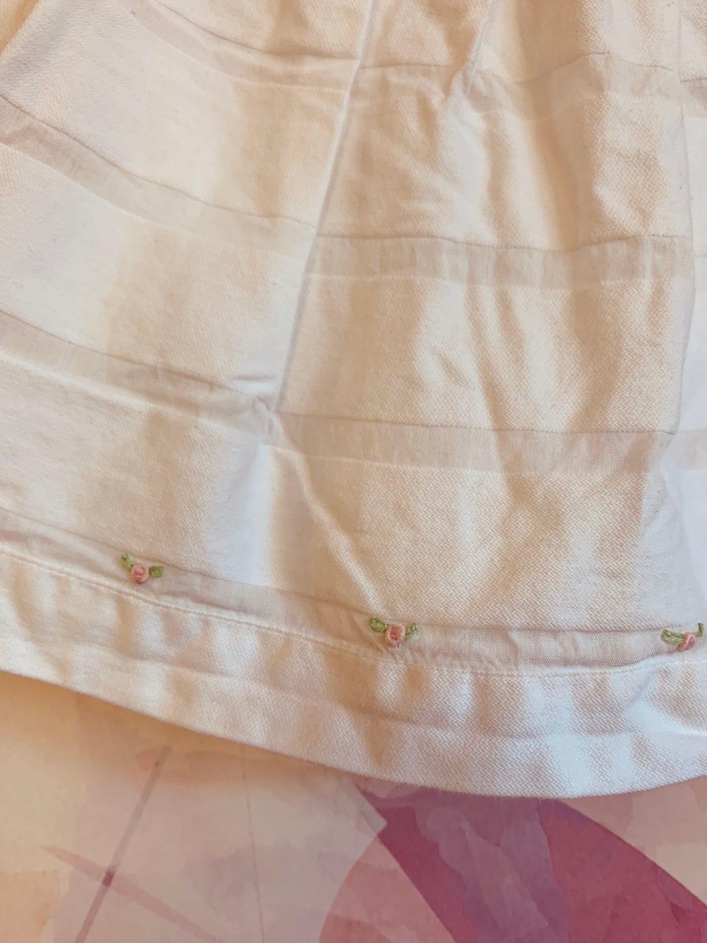 Ciccino white baby dress. Italian brand. 100% cotton. Pleats & tiny pink flowers on neck and front hem. Size 9m.
