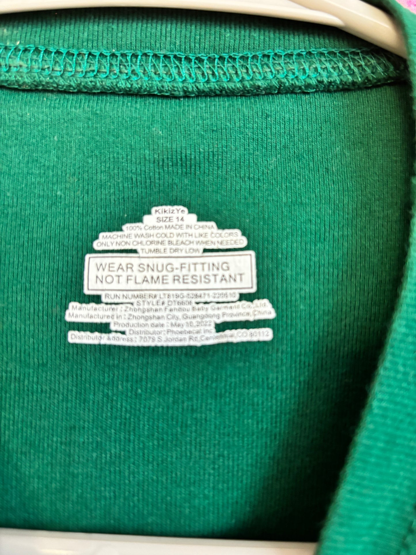 KikizYe green pajamas. long sleeve top & snug fit pants. Size 14T.