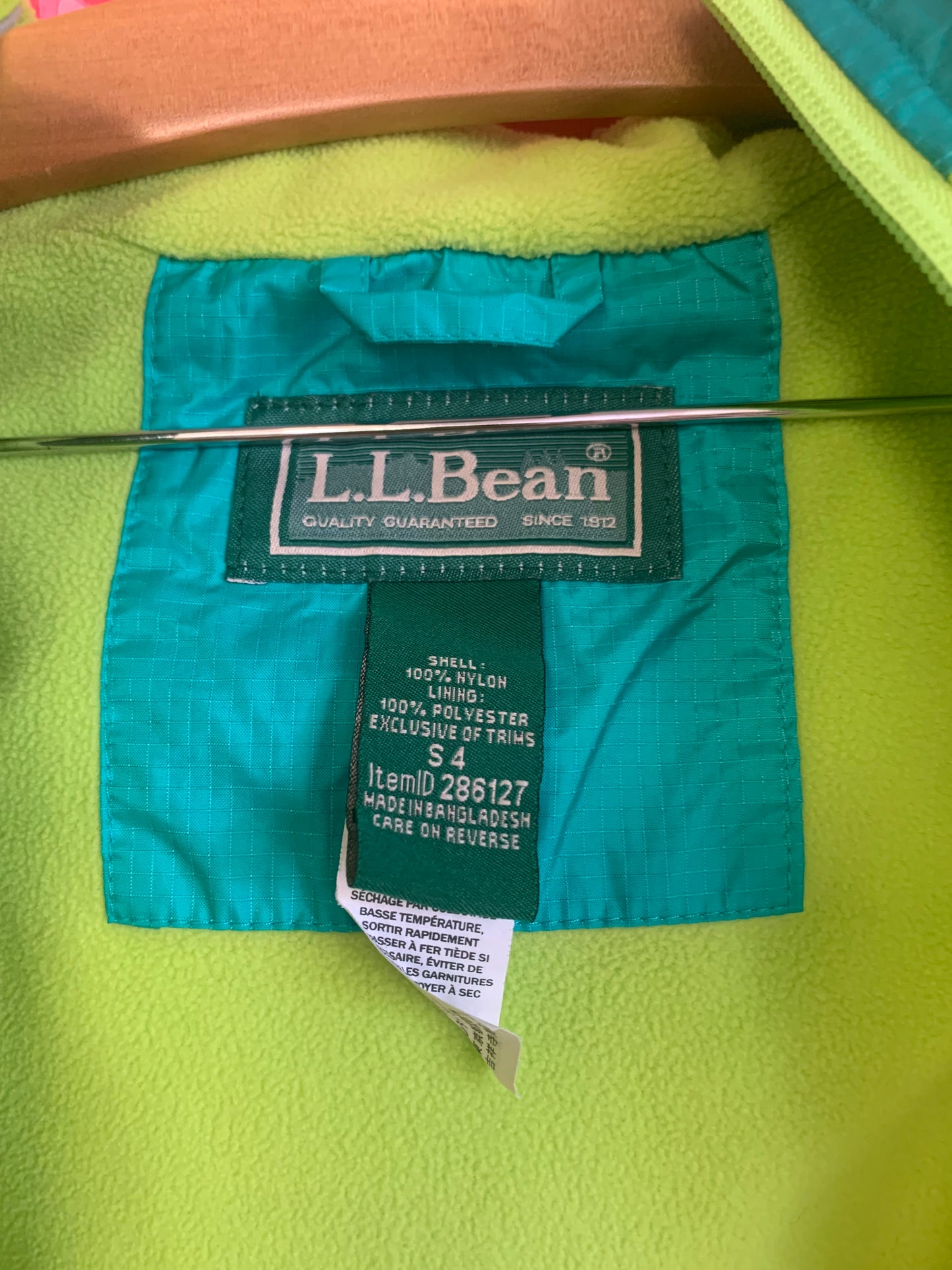 L.L. Bean teal & green raincoat with hood. Fleece lined. Size 4T