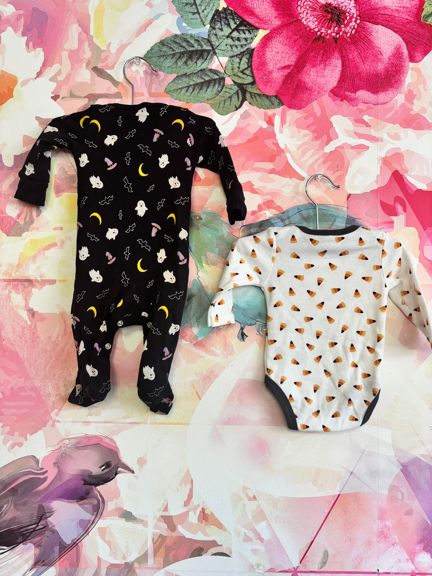 okie dokie black long sleeve footed romper with Halloween ghosts, bats, witch hats, moons. Size 0-3m. Chickpea white long sleeve onesie with orange & black Halloween candy corns. Size 0-3m / NB