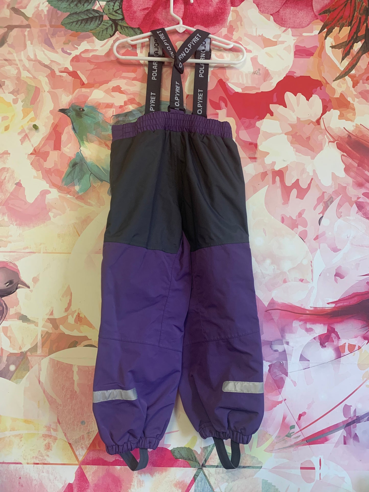 Polarn O. Pyret purple snow pants with suspenders. Size 4T - 5T