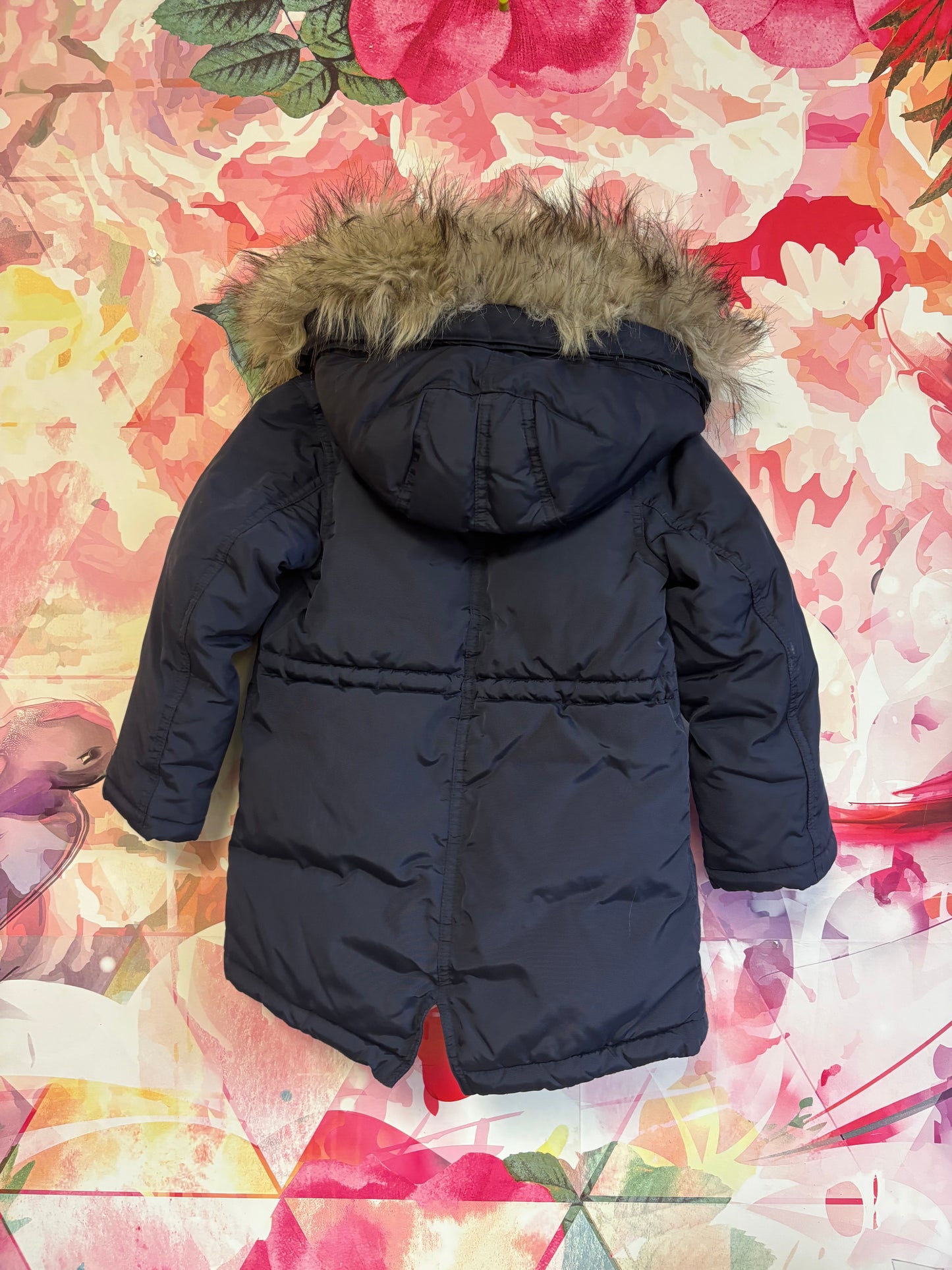 Crewcuts navy blue puffer coat with detachable fur hood. Size 4T / 5T