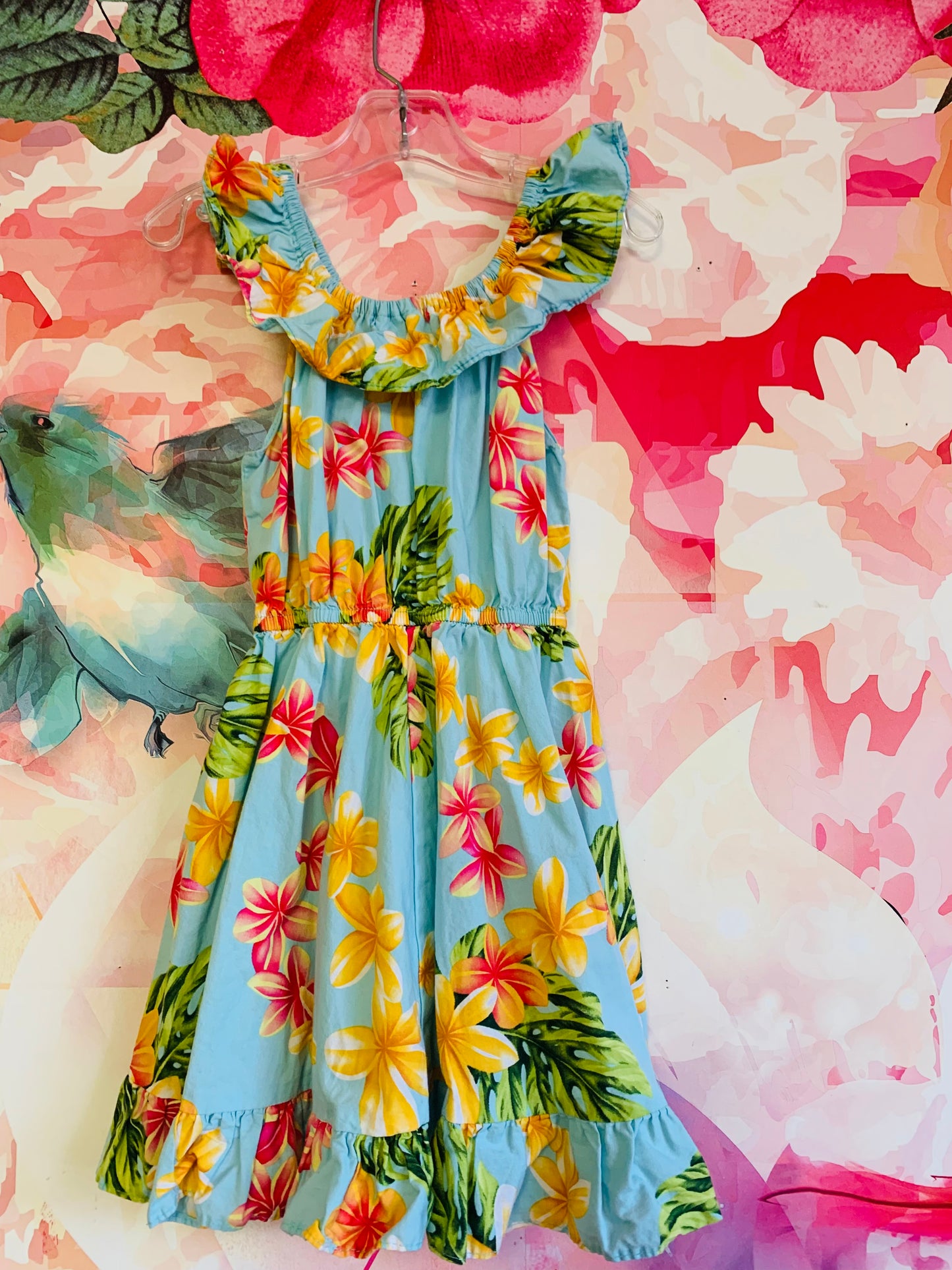 D&C Fashion blue, yellow, pink green dress with flowers and monstera leaves. Size 4T