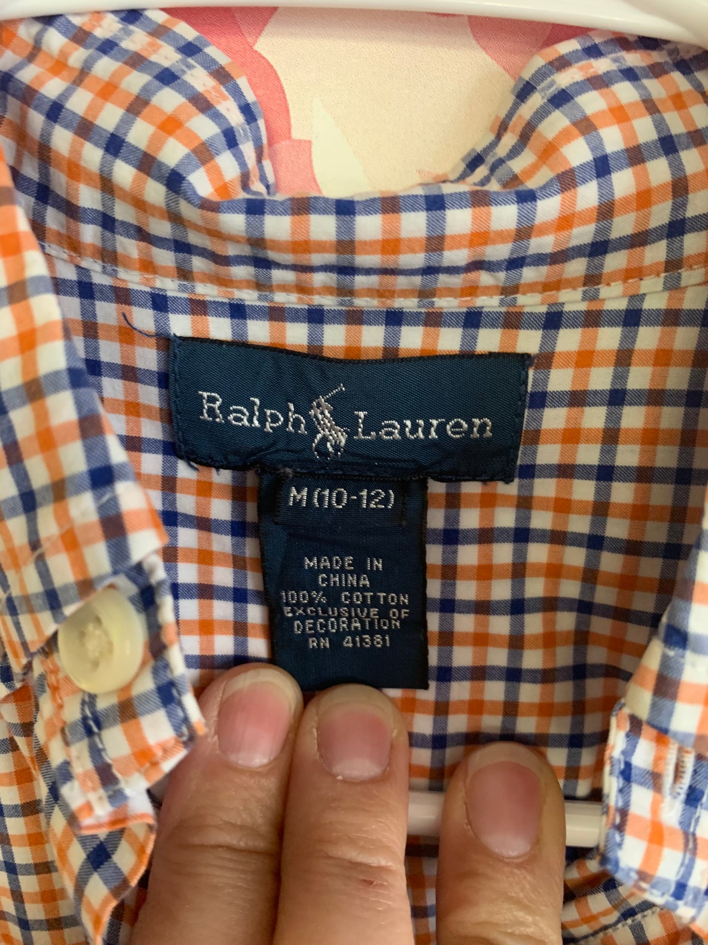 Ralph Lauren orange & blue checkered button down shirt. 100% cotton. Size 10/12.