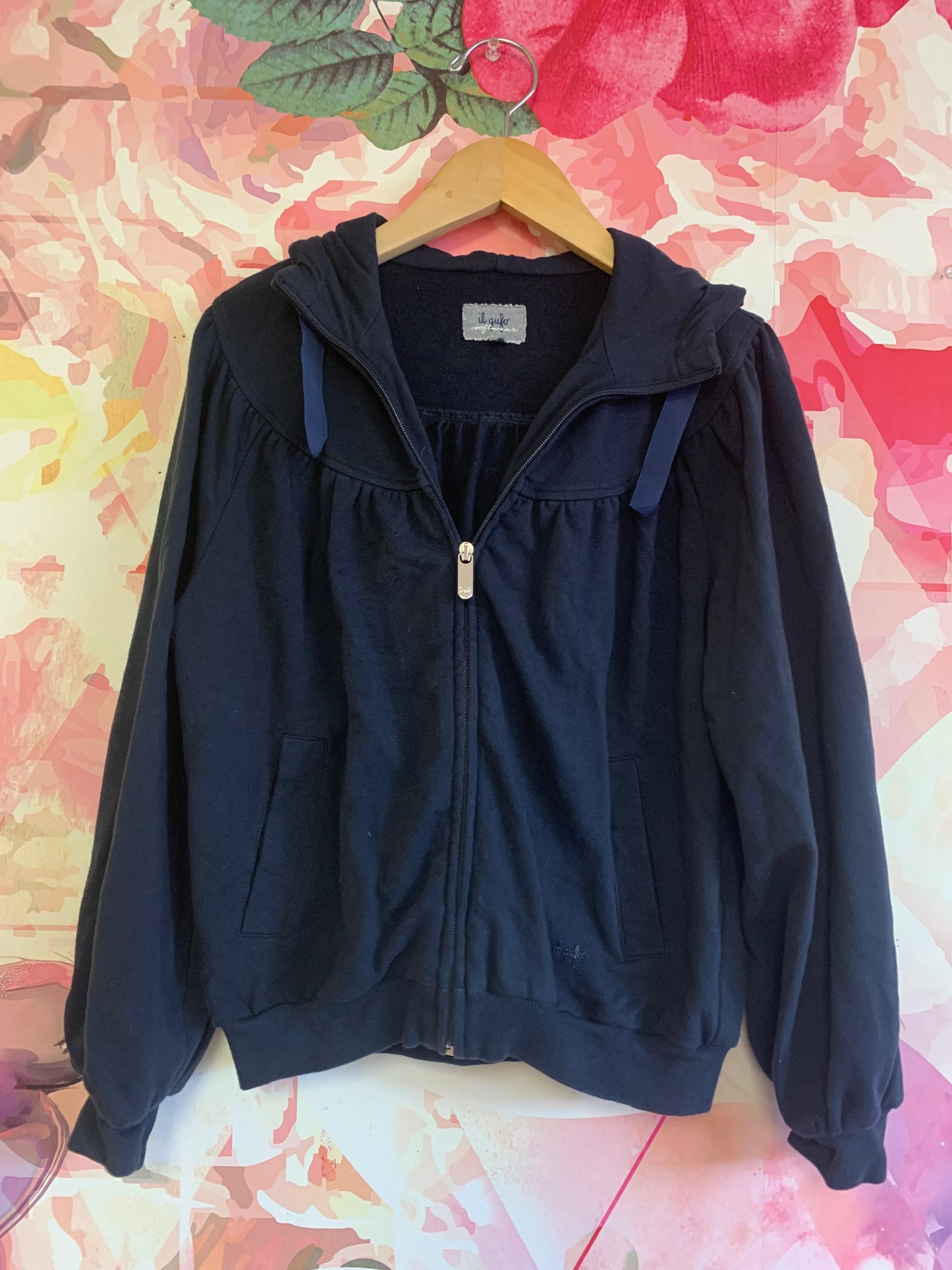 Il Gufo Softwear navy blue zip up hoodies jacket with velvet hood ties. From pockets. Size 10.