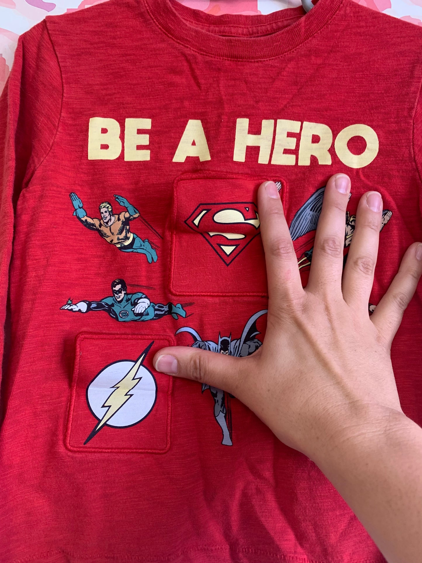 Baby Gap red Superhero long sleeve shirt with Superman, Green Lantern, Batman, Green Arrow, Wonder Woman, The Flash, Hawkman. Zara grey elastic snap waist cotton pants. Size 4T / 5T