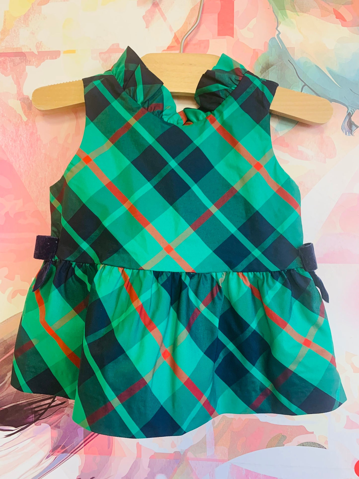 Janie & Jack green, blue, red plaid holiday blouse with velvet bows. Size 18-24m