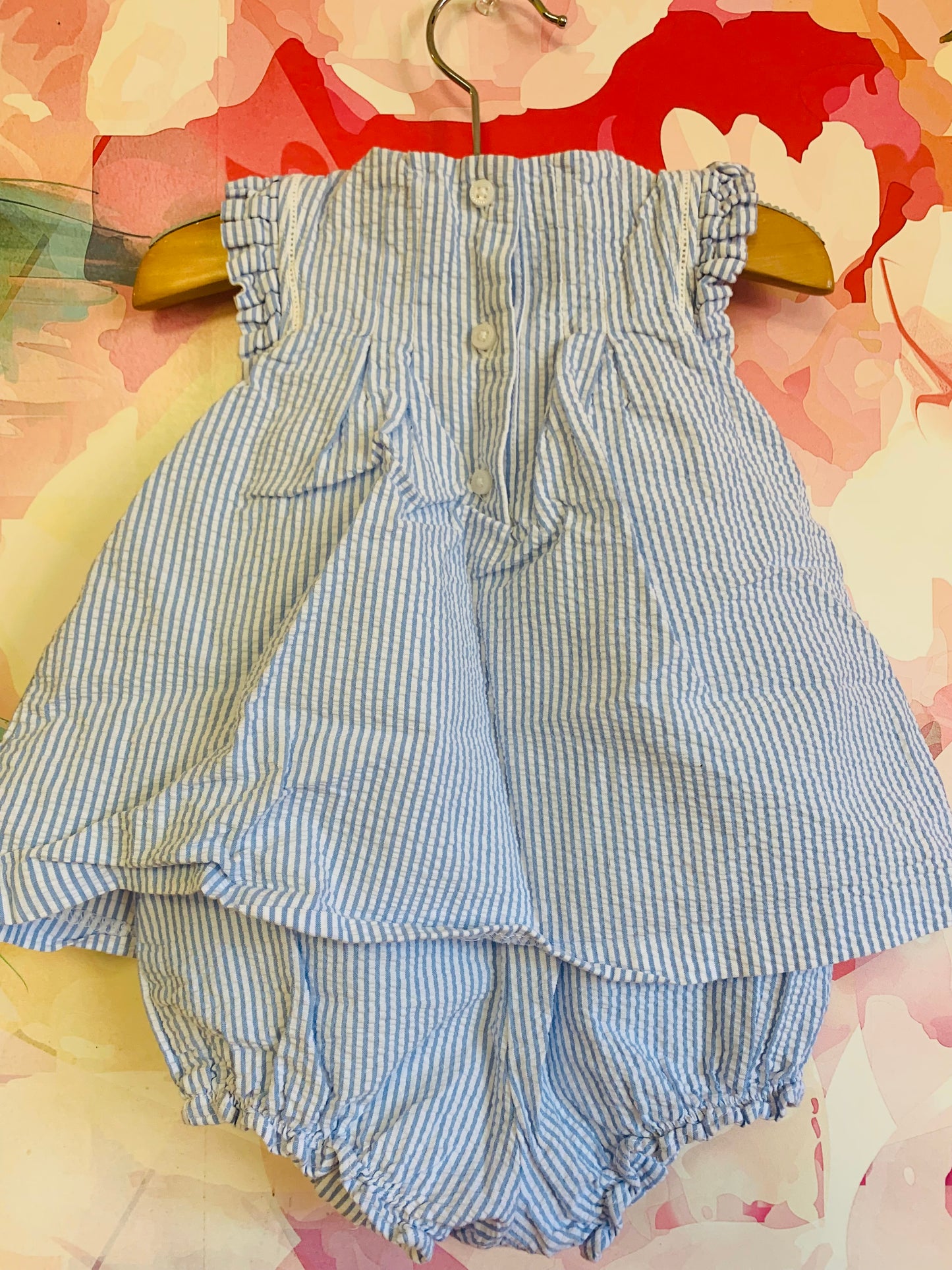 Janie & Jack seersucker blue/white striped romper dress. Size 6-12m with snap onesie bottom.
