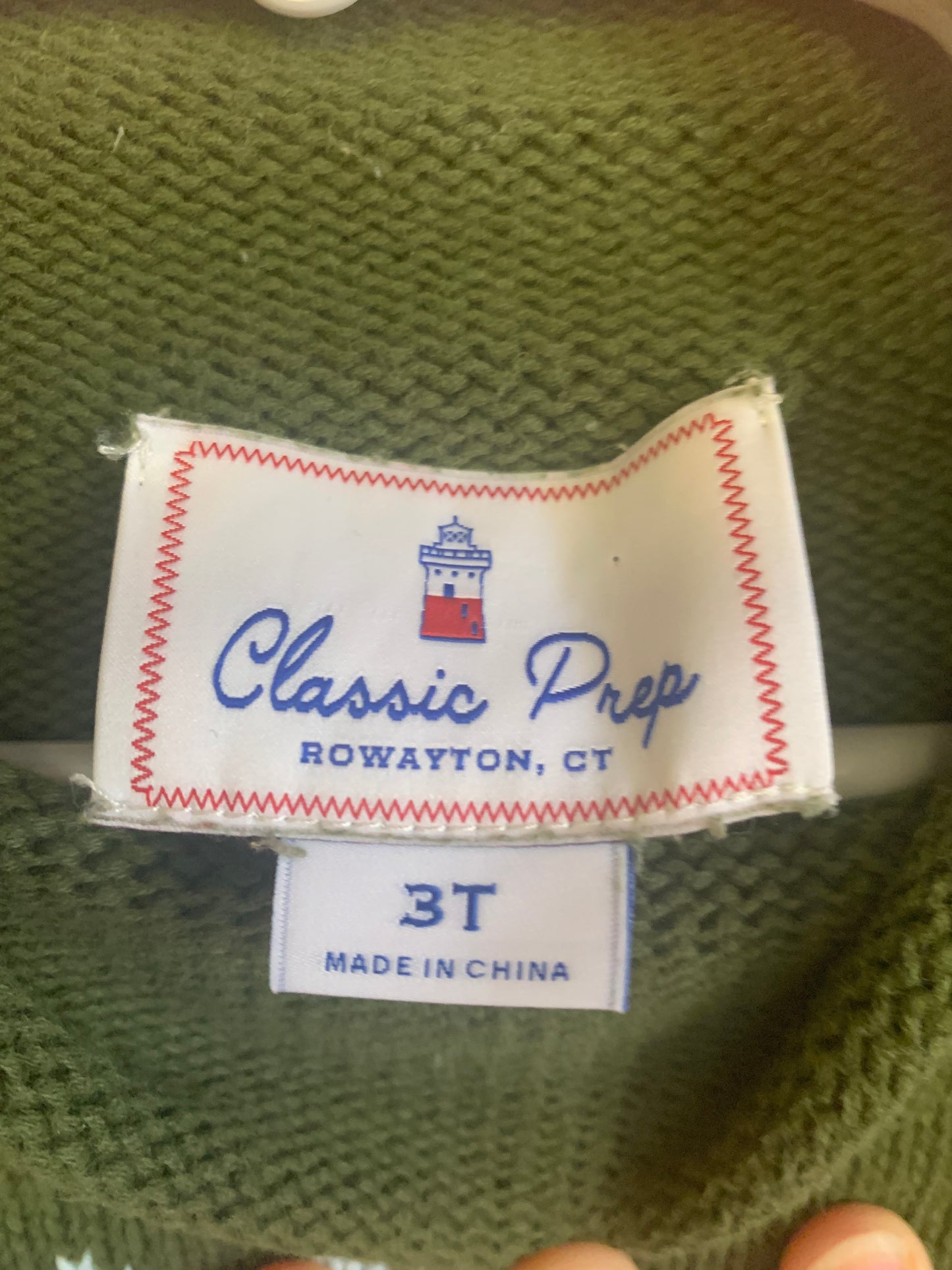 Classic Prep green knit sweater with roll neck and blue dinosaur. Size 3t.
