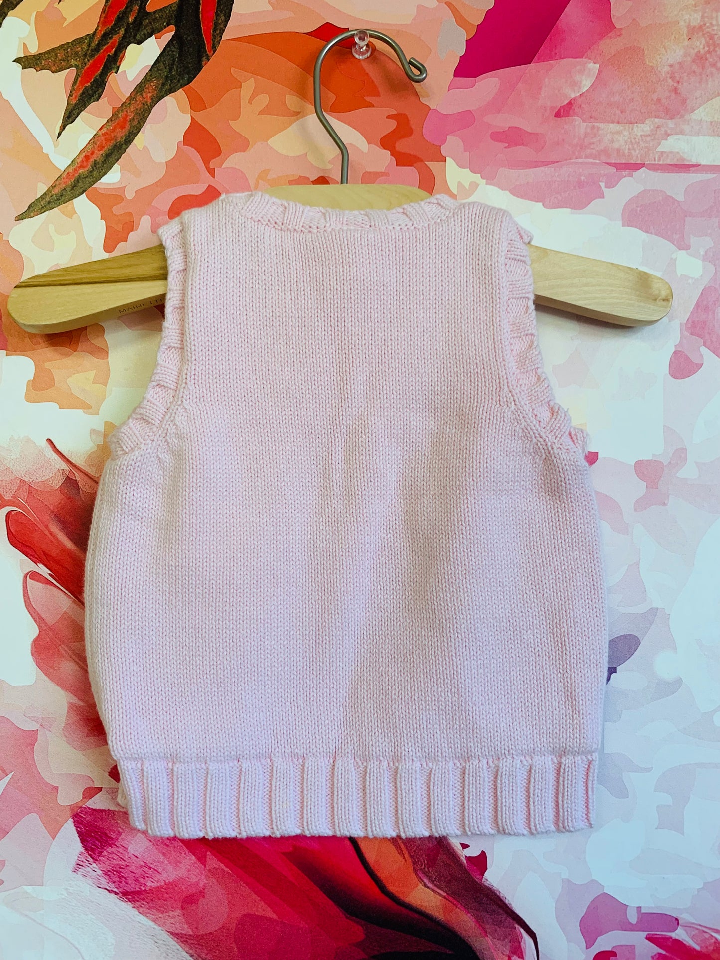 Baby Gap knit pink vest with brown/white dog in pink bow. Size 3-6m