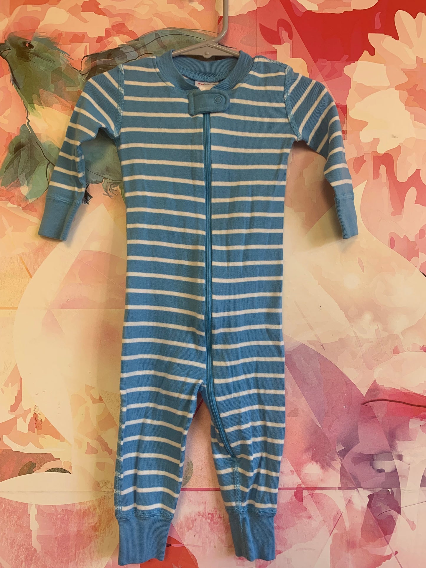 Hanna Andersson blue/white stripe long sleeve romper. Size 6-12m