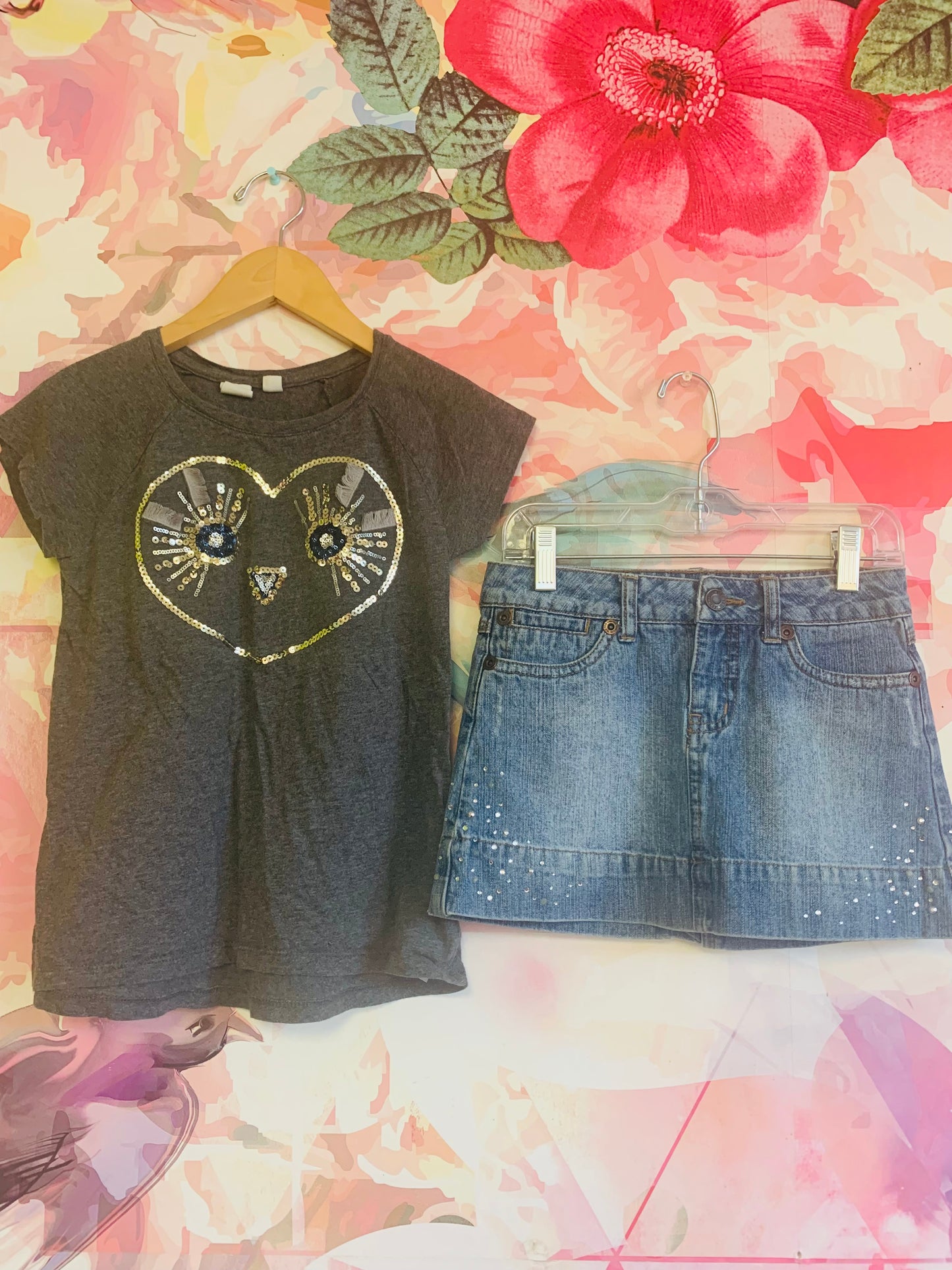 Gap grey t shirt with sequin owl face size 8 and Limited too denim skirt with rhinestone detail size 7