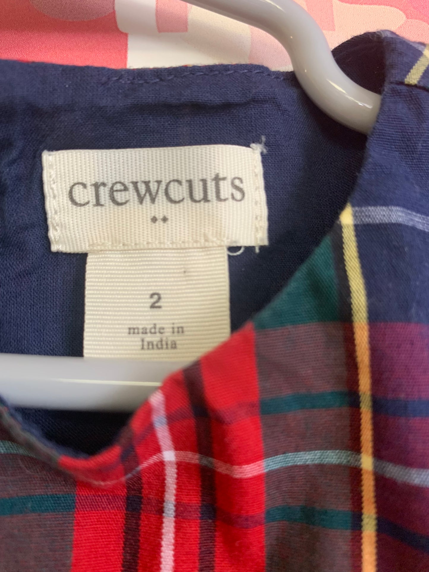 Crewcuts blue, red, green, gold short sleeve plaid dress. Size 2T