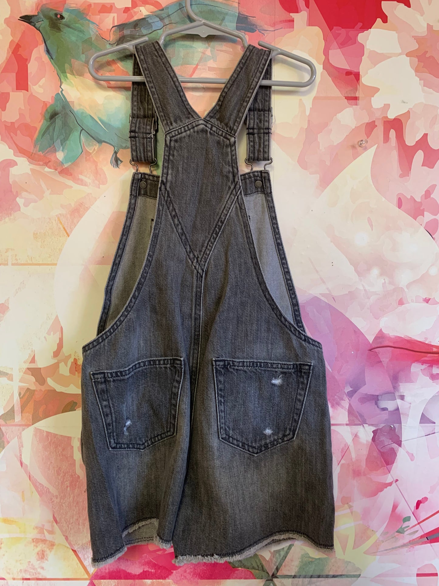 Gap Teen grey denim distressed overall shorts. Size 8 / Size 9