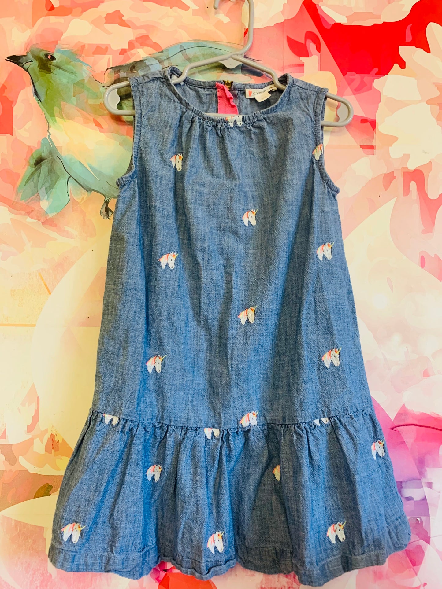 Crewcuts blue 100% cotton sleeveless dress. Tiny unicorns embroidered with back zipper. Size 5T
