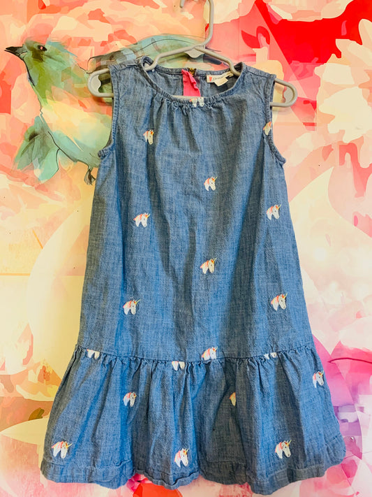 Crewcuts blue 100% cotton sleeveless dress. Tiny unicorns embroidered with back zipper. Size 5T