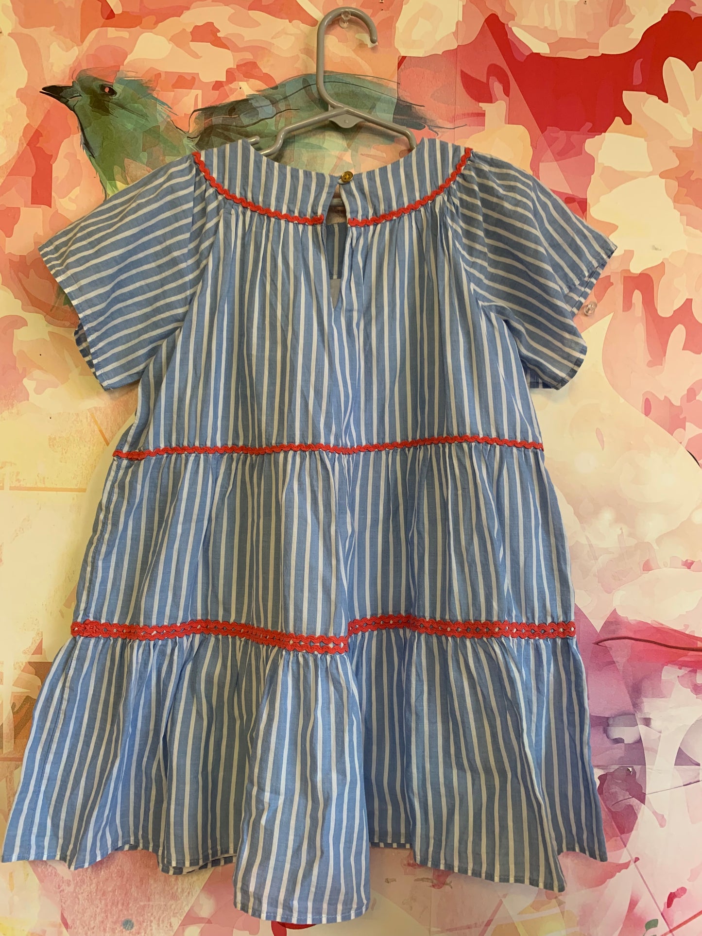 Crewcuts blue & white stripe shirt sleeve dress with red wavy piping. Size 5T