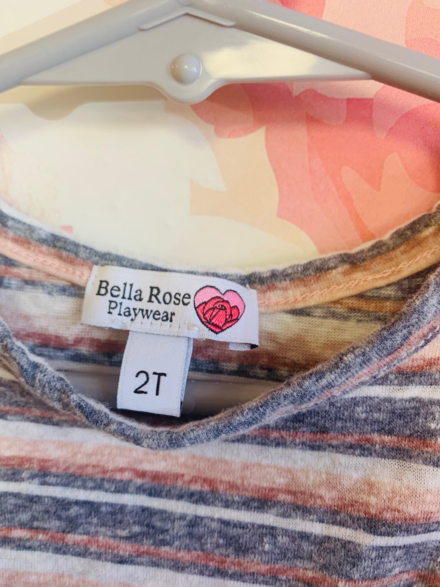 Baby Gap blue denim overall shorts and Bella Rose pink, grey, white striped tshirt. Size 2T