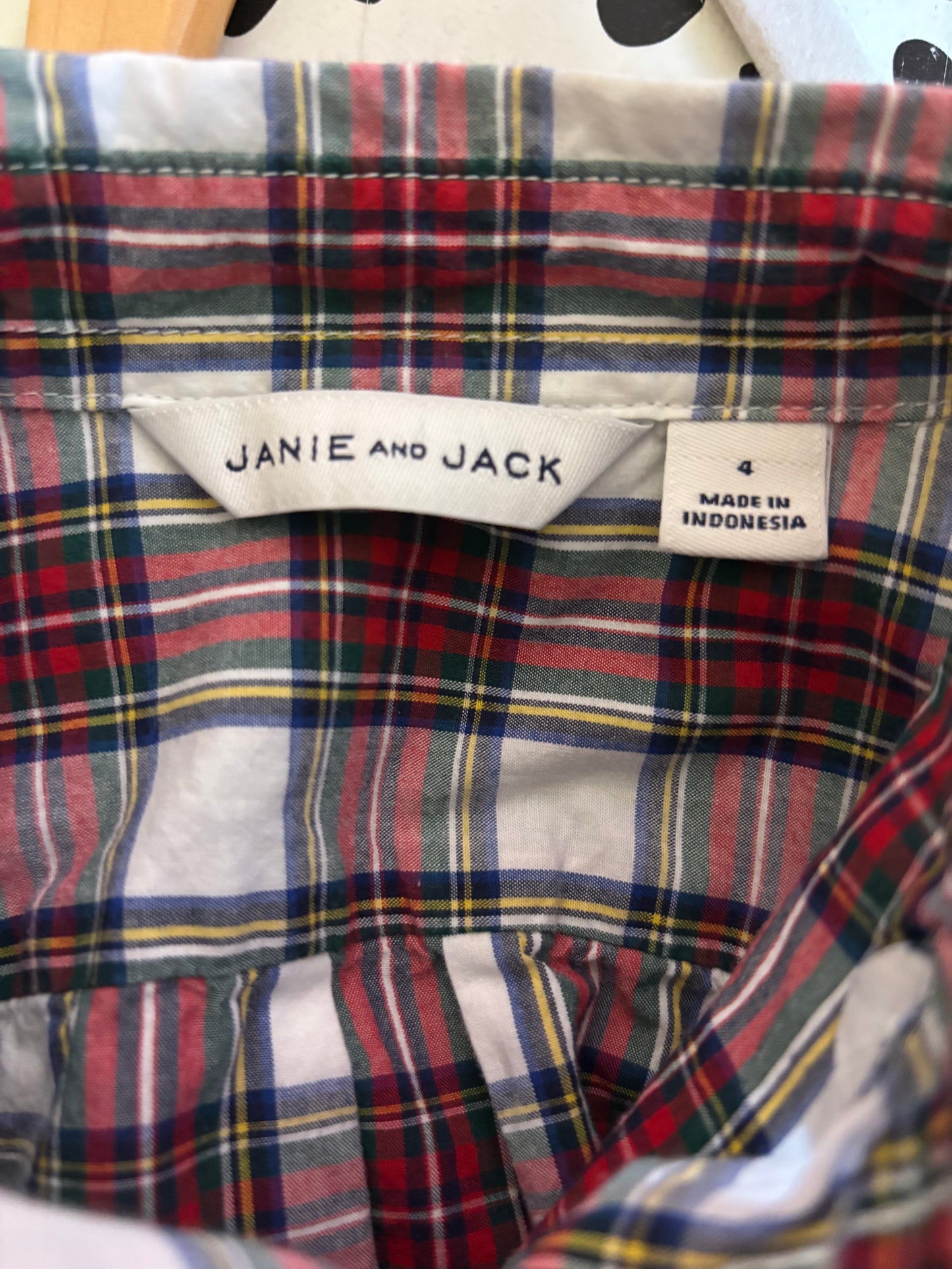Janie & Jack red/blue/green/ white plaid long sleeve button down. Size 4T.