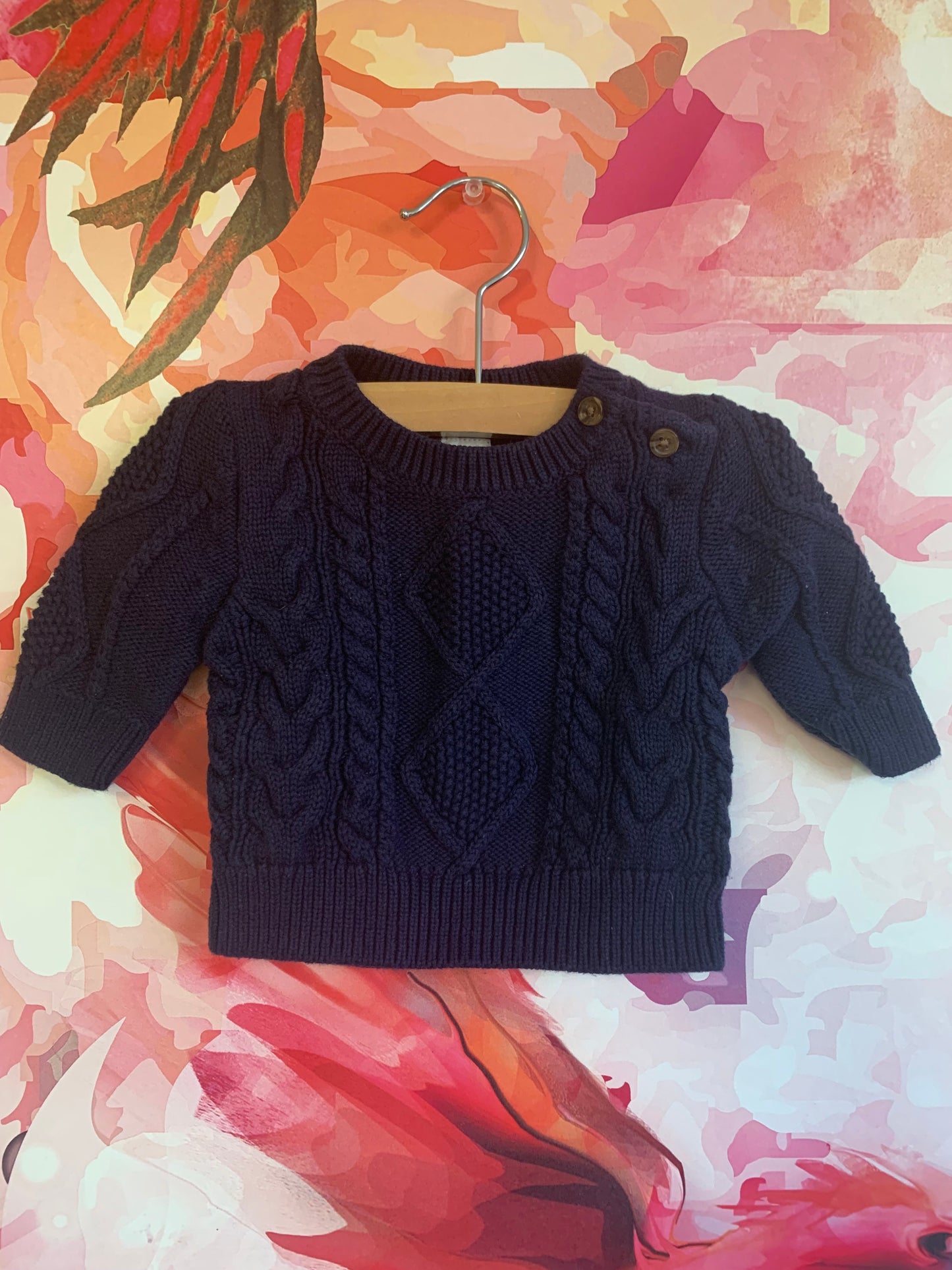 Baby Gap navy blue knit crewneck sweater with shoulder buttons. Size 0-3m / NB