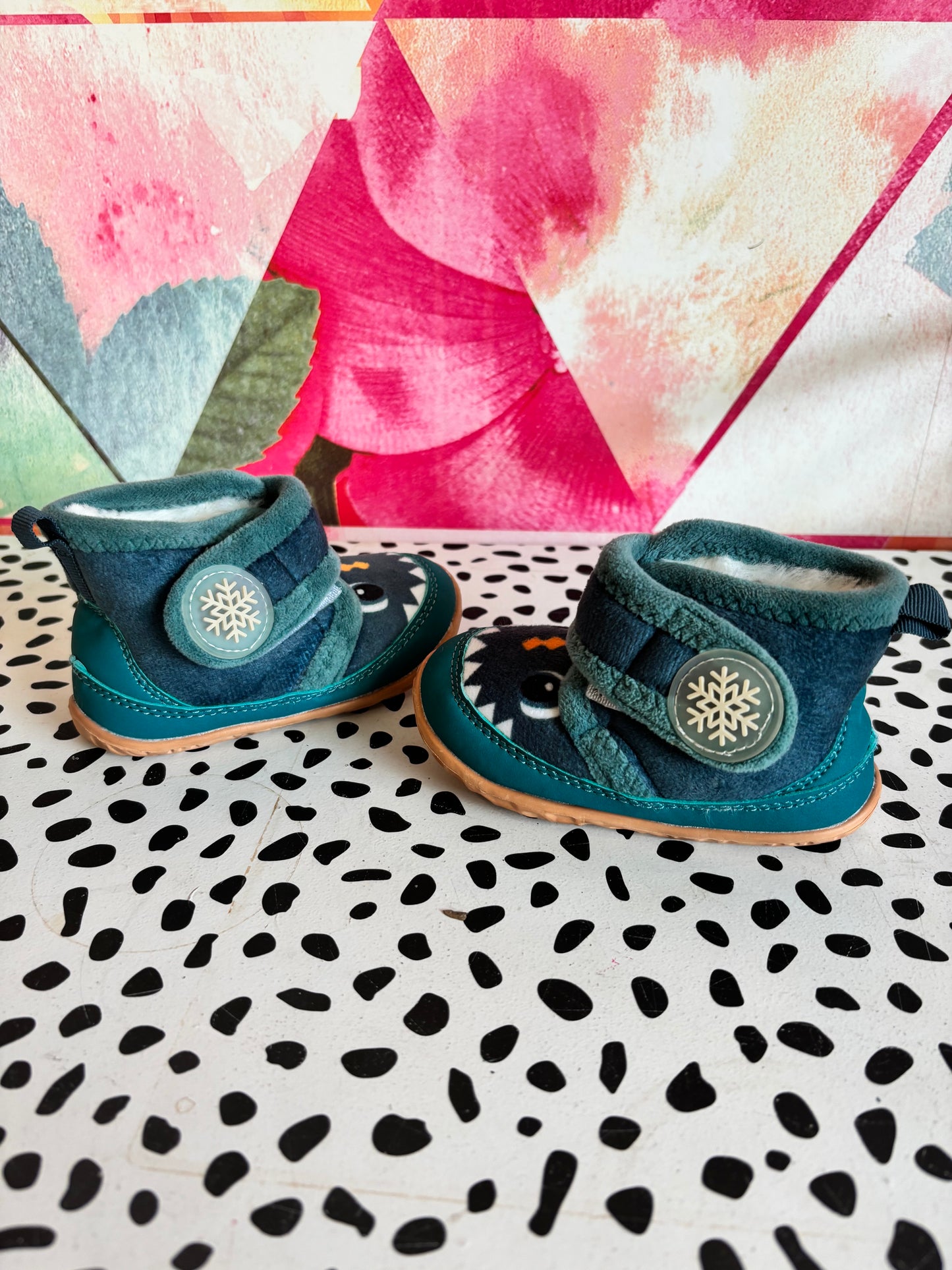 Blue monster face fleece boots with Velcro & faux fur lining. Never worn. Size 5 (shoes)