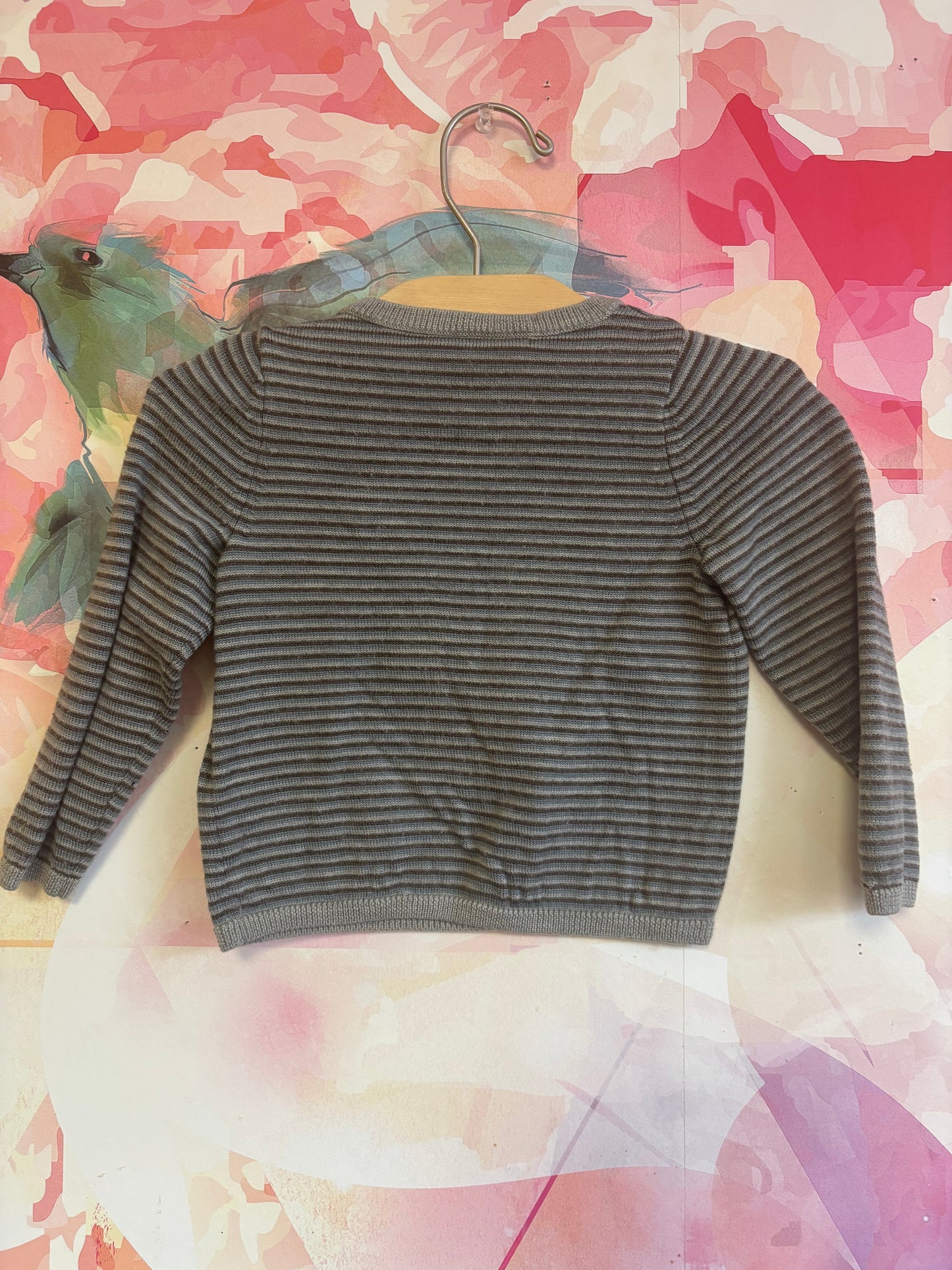 Bonpoint stripe grey & blue V-neck sweater with two shoulder buttons. Size 2T